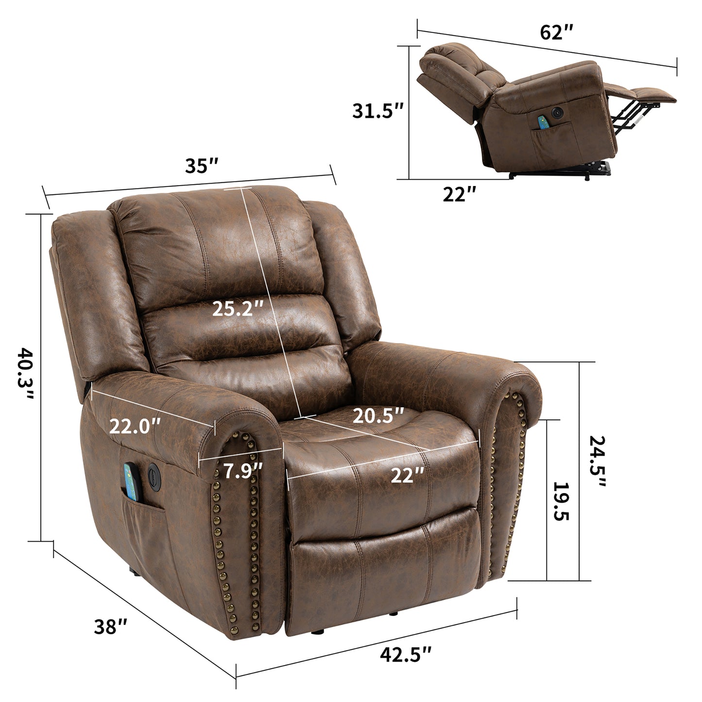 Power Lift Recliner Chair with Heat Therapy and Massage Function, Electric Lift Chair Recliner Fabric Single Sofa, Heavy Duty Living Room Furniture Home Theater Seating, 2 Large Side Pockets, Brown