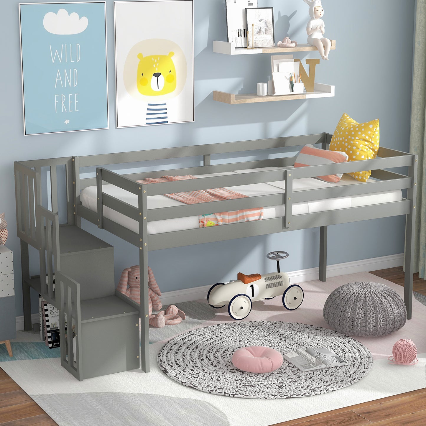 SYNGAR Twin Size Kids Loft Bed with Stairs, Wood Toddler Bunk Bed for Boys Girls Teens Adults, Twin Bed Frame with Storage, Low Profile Loft Bed for Kids Bedroom, Gray