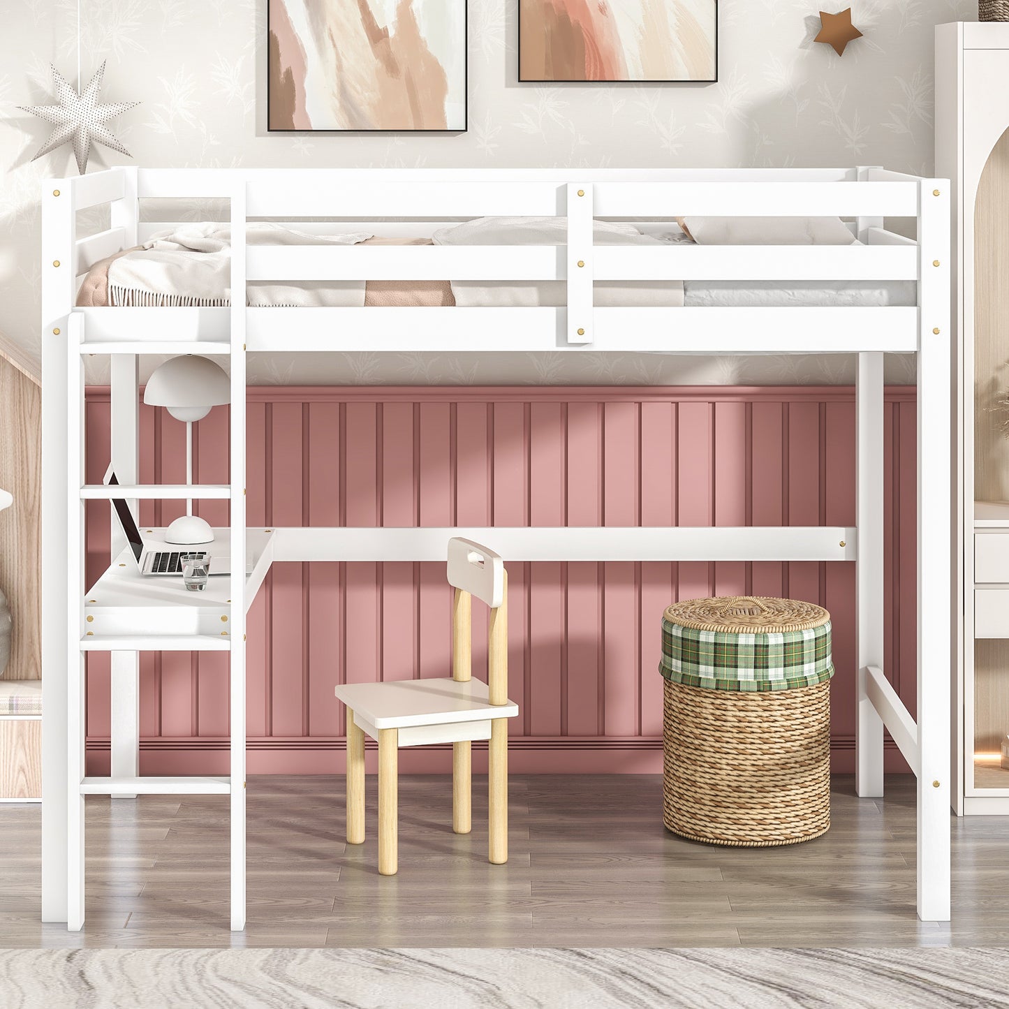 Wooden Twin Loft Bed with Desk, Twin Size Bunk Bed with Workstation Desk, Safety Rail, Wider Ladder for Kids Teens Adults, Space Saving Design, No Spring Box needed, White