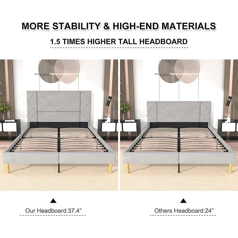 SYNGAR Full Bed Frame, New Upgrade Full Size Velvet Upholstered Platform Bed Frame with Elegant Headboard, Bedroom Furniture Wooden Frame Platform Bed Frame, No Box Spring Needed, Gray