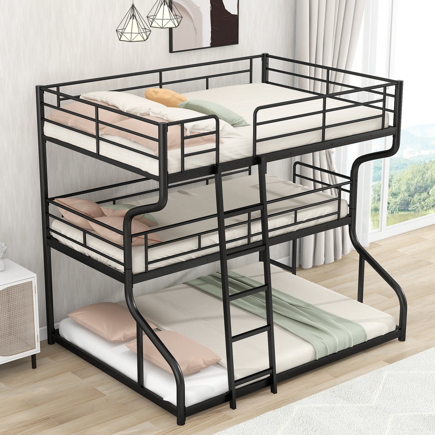 Syngar Triple Bunk Bed for Kids with 2 Ladders, Full XL over Twin XL over Queen Size for Kids Room, Modern Triple Bunk Metal Bed Frame,No Box Spring Needed, Black
