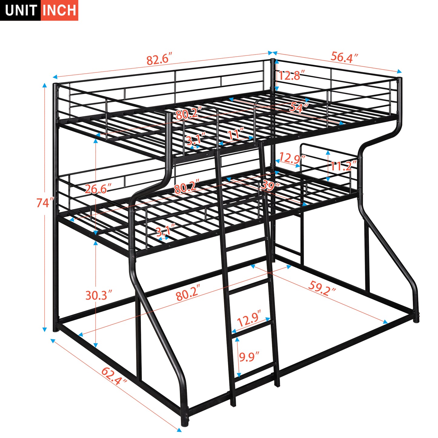 Syngar Triple Bunk Bed for Kids with 2 Ladders, Full XL over Twin XL over Queen Size for Kids Room, Modern Triple Bunk Metal Bed Frame,No Box Spring Needed, Black