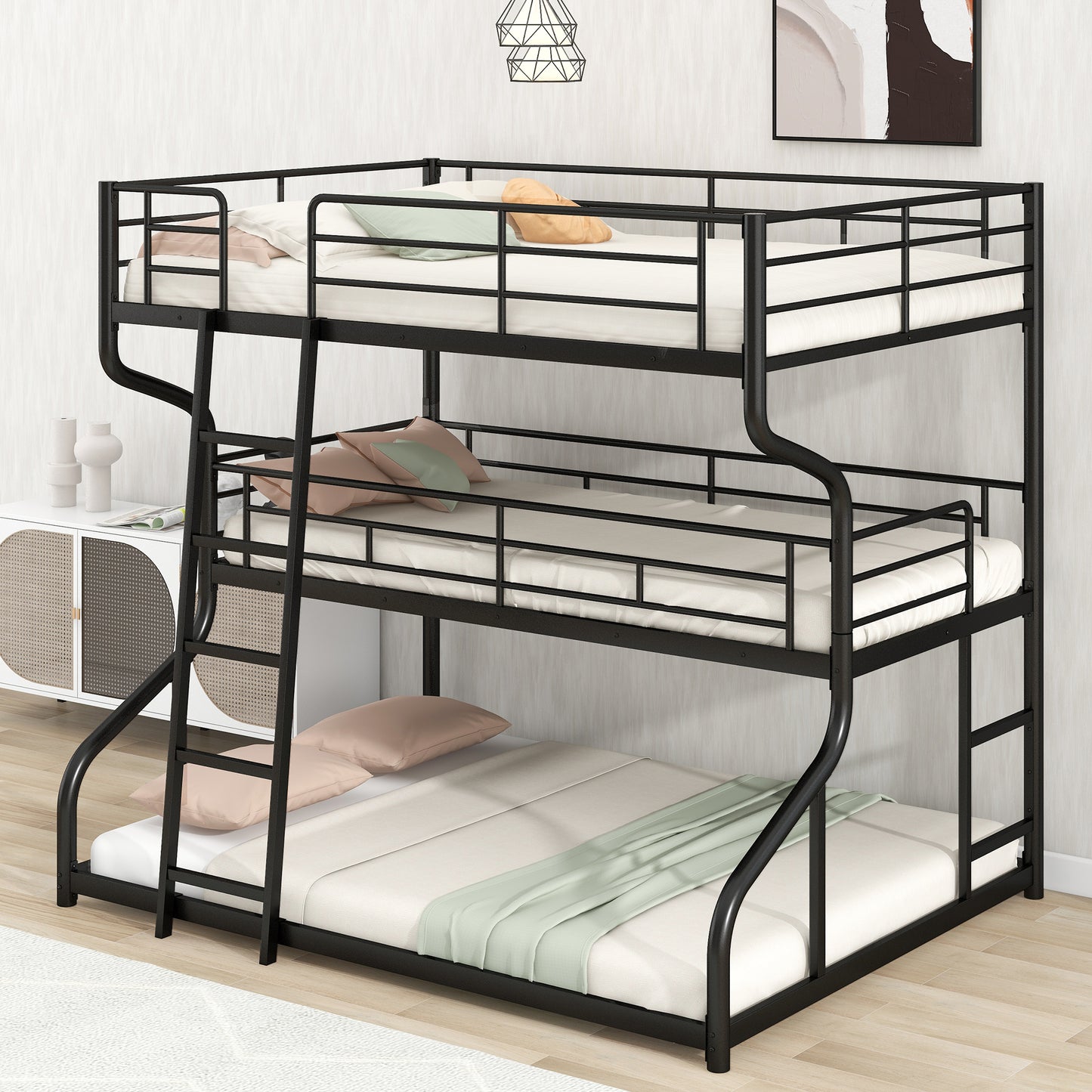 Syngar Triple Bunk Bed for Kids with 2 Ladders, Full XL over Twin XL over Queen Size for Kids Room, Modern Triple Bunk Metal Bed Frame,No Box Spring Needed, Black