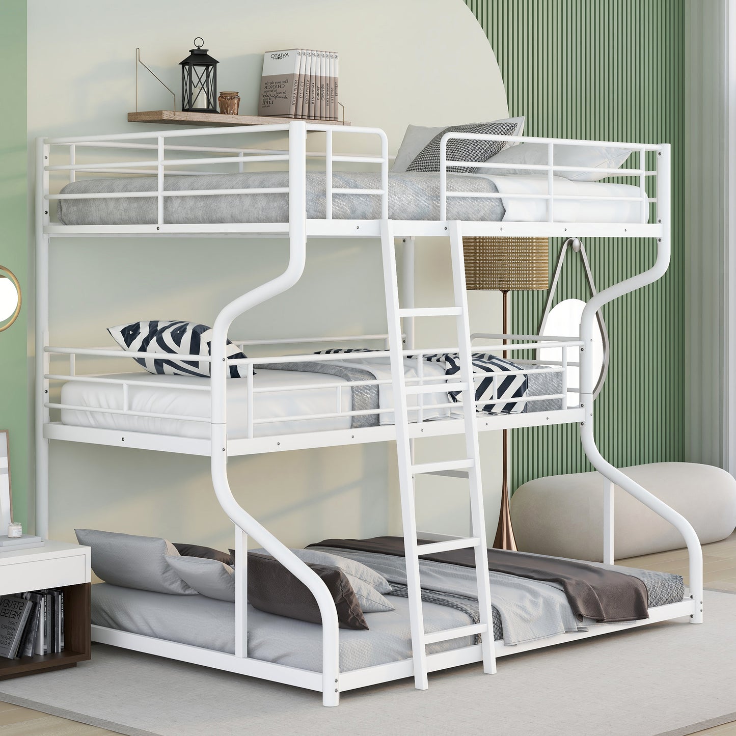Syngar Triple Bunk Bed for Kids with 2 Ladders, Full XL over Twin XL over Queen Size for Kids Room, Modern Triple Bunk Metal Bed Frame,No Box Spring Needed, Black