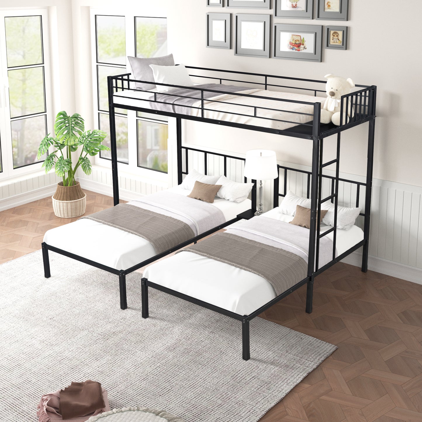 SYNGAR Black Metal Triple Bunk Bed Frame for Kids, 3 Twin Bed Triple Bunk Bed with Ladders, Adjustable Detachable Design 3 Bed Frame, No Box Spring Needed, Twin XL Over Twin Over Twin