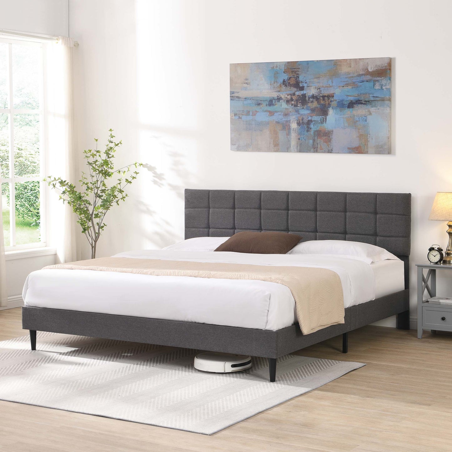 SYNGAR King Size Bed Frame, Modern Upholstered Tufted Platform Bed Frame with Headboard and Strong Support Legs for Bedroom, No Box Spring Needed, Easy Assembly, Dark Gray
