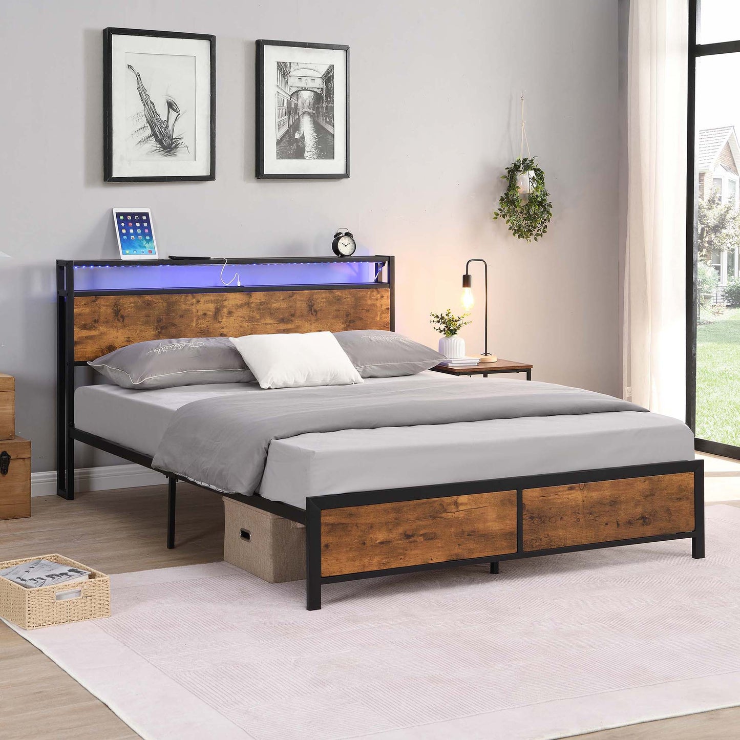 SYNGAR Platform Bed Frame Queen Size with Wooden Storage Headboard, LED Lights and USB Ports, Industrial Metal Queen Bed Frame with Slat Support, Noise Free, No Box Spring Needed, Rustic Brown