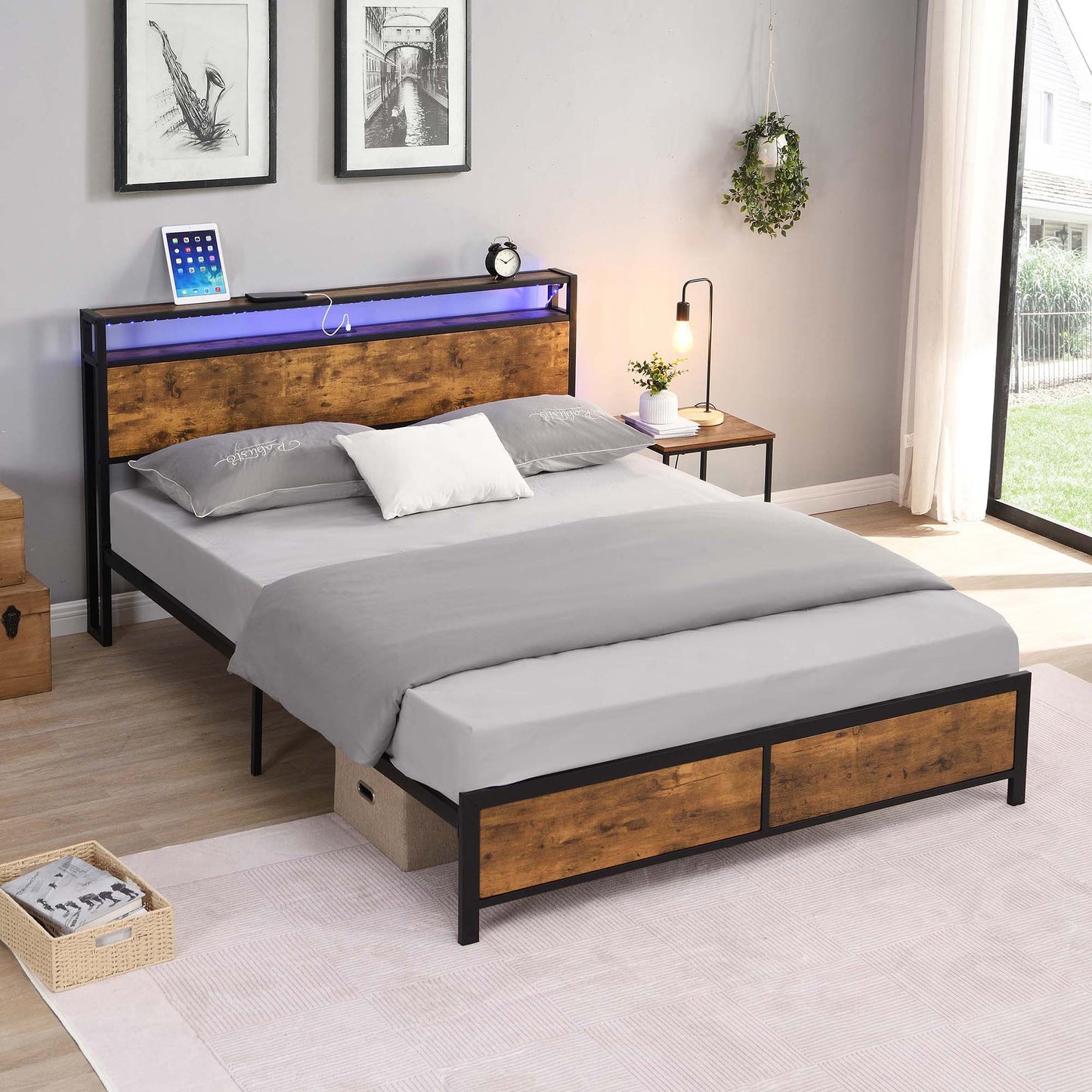 SYNGAR Platform Bed Frame Queen Size with Wooden Storage Headboard, LED Lights and USB Ports, Industrial Metal Queen Bed Frame with Slat Support, Noise Free, No Box Spring Needed, Rustic Brown