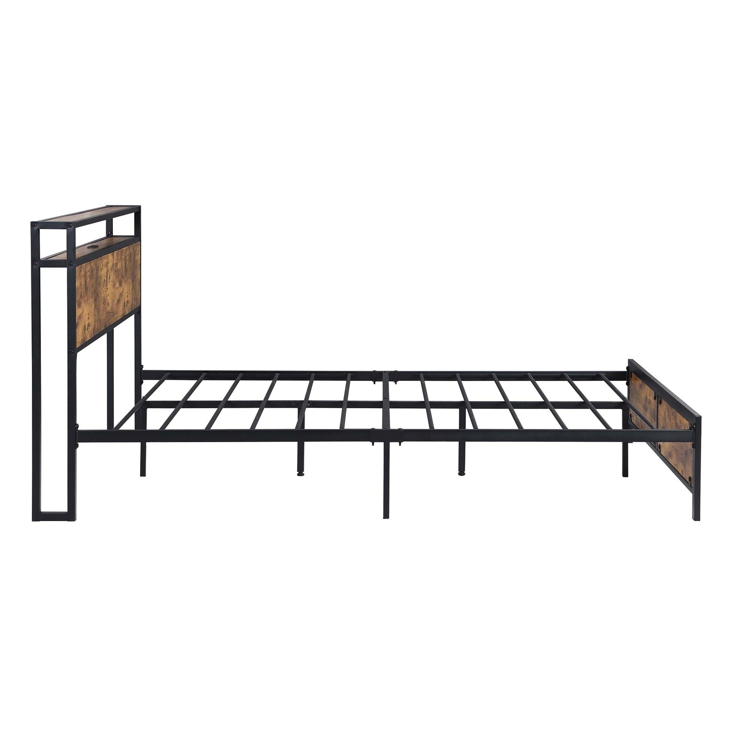 SYNGAR Platform Bed Frame Queen Size with Wooden Storage Headboard, LED Lights and USB Ports, Industrial Metal Queen Bed Frame with Slat Support, Noise Free, No Box Spring Needed, Rustic Brown