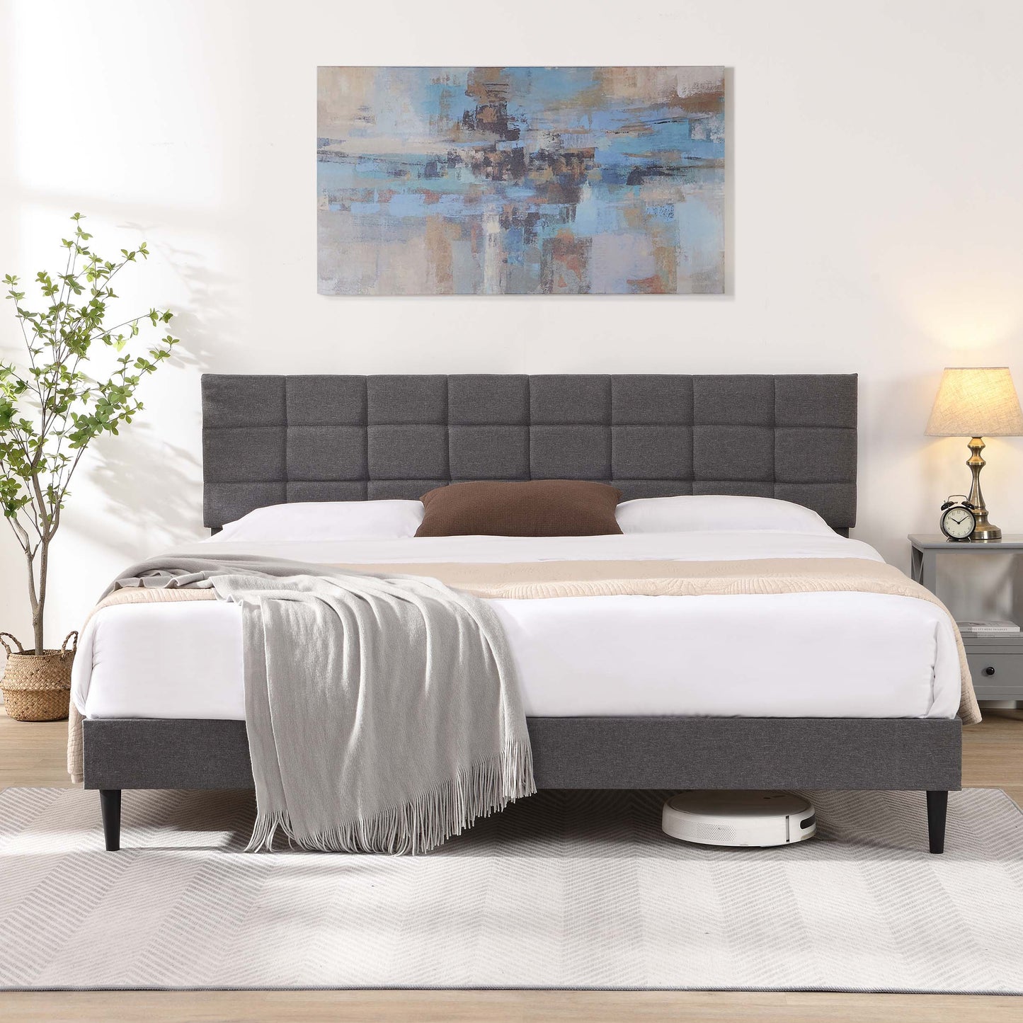 SYNGAR King Size Bed Frame, Modern Upholstered Tufted Platform Bed Frame with Headboard and Strong Support Legs for Bedroom, No Box Spring Needed, Easy Assembly, Dark Gray