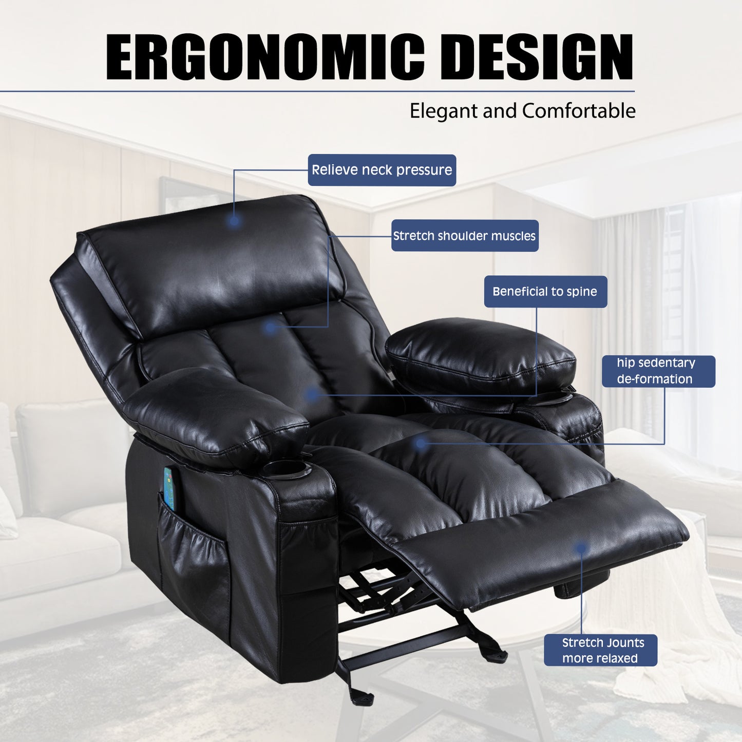 SYNGAR Manual Recliner Chair with Heat and Vibration Massage, Faux Leather Elderly Single Reclining Rocker Sofa with USB Charge Port, Cup Holders and Side Pocket for Bedroom Home Theater, Black