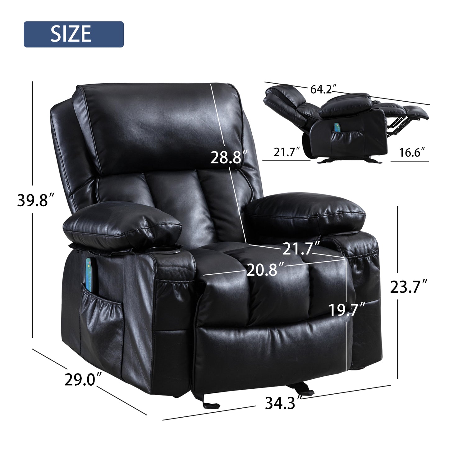 SYNGAR Manual Recliner Chair with Heat and Vibration Massage, Faux Leather Elderly Single Reclining Rocker Sofa with USB Charge Port, Cup Holders and Side Pocket for Bedroom Home Theater, Black