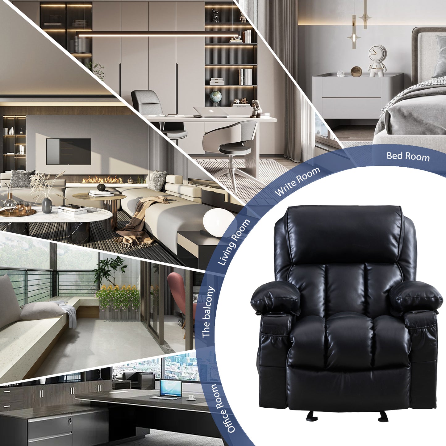 SYNGAR Manual Recliner Chair with Heat and Vibration Massage, Faux Leather Elderly Single Reclining Rocker Sofa with USB Charge Port, Cup Holders and Side Pocket for Bedroom Home Theater, Black