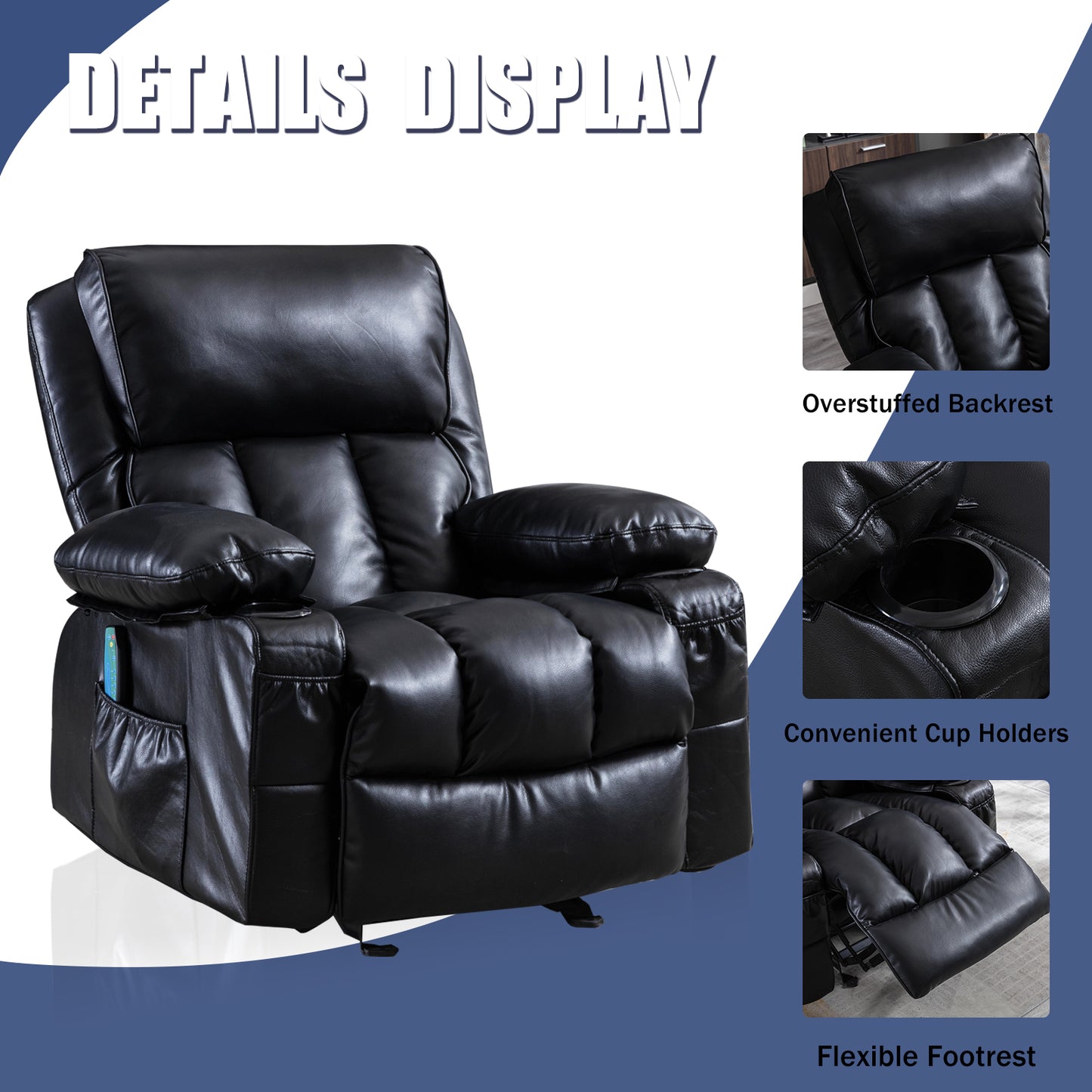 SYNGAR Manual Recliner Chair with Heat and Vibration Massage, Faux Leather Elderly Single Reclining Rocker Sofa with USB Charge Port, Cup Holders and Side Pocket for Bedroom Home Theater, Black