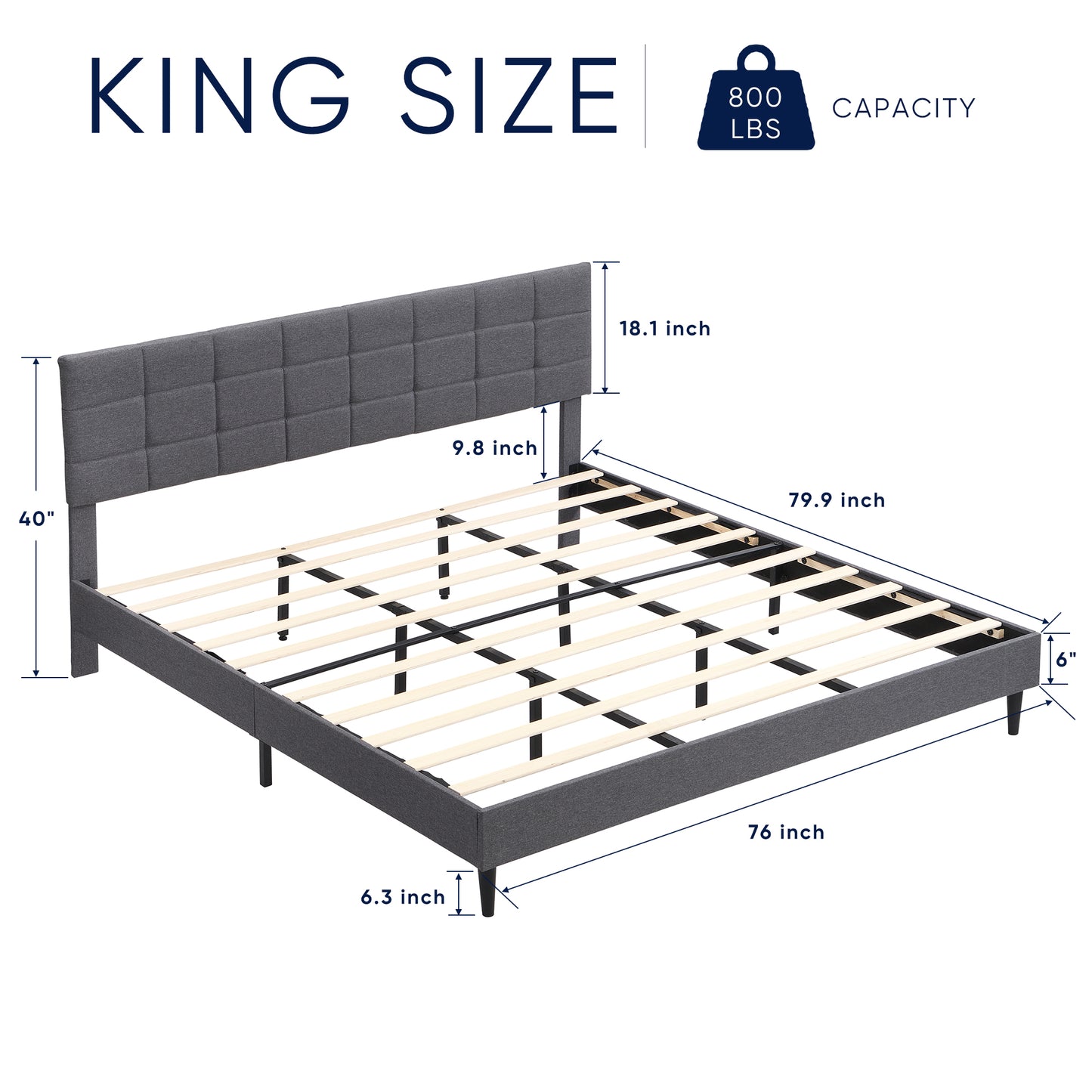 SYNGAR King Size Bed Frame, Modern Upholstered Tufted Platform Bed Frame with Headboard and Strong Support Legs for Bedroom, No Box Spring Needed, Easy Assembly, Dark Gray