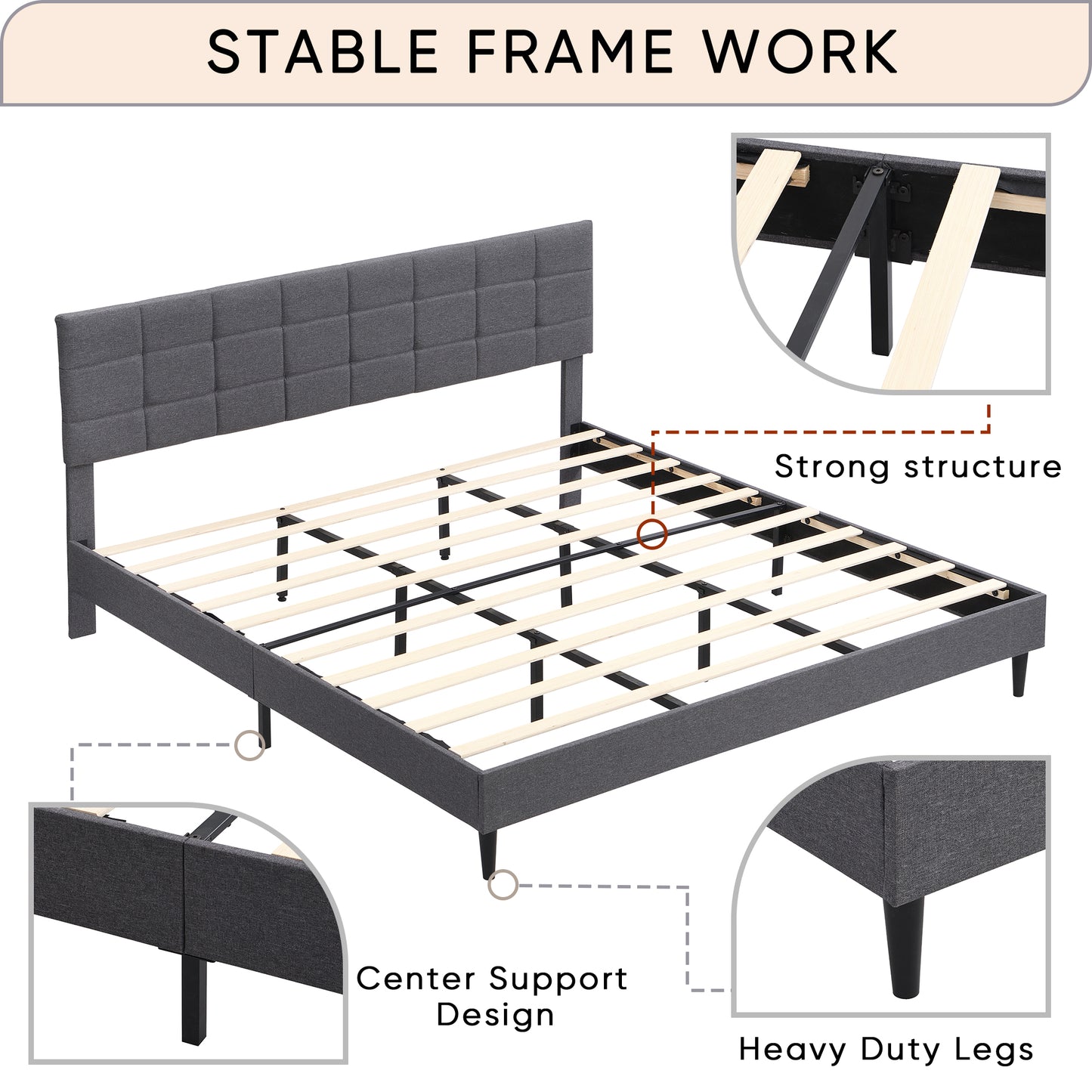SYNGAR King Size Bed Frame, Modern Upholstered Tufted Platform Bed Frame with Headboard and Strong Support Legs for Bedroom, No Box Spring Needed, Easy Assembly, Dark Gray