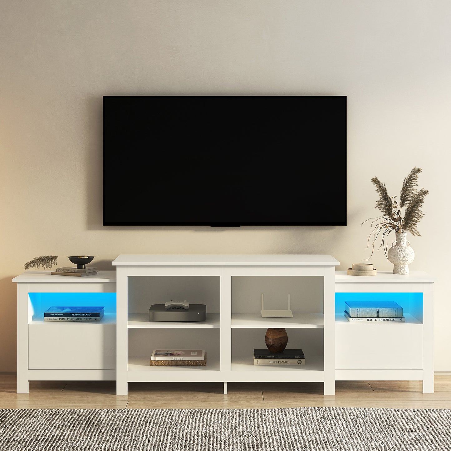 SYNGAR White TV Stand for 65 inch TV, Modern High Glossy TV Console Table Stand with 16 Colors LED Lights, Living Room TV Table Stand Buffet Cabinet with Storage, 58"L×14" W×21"H