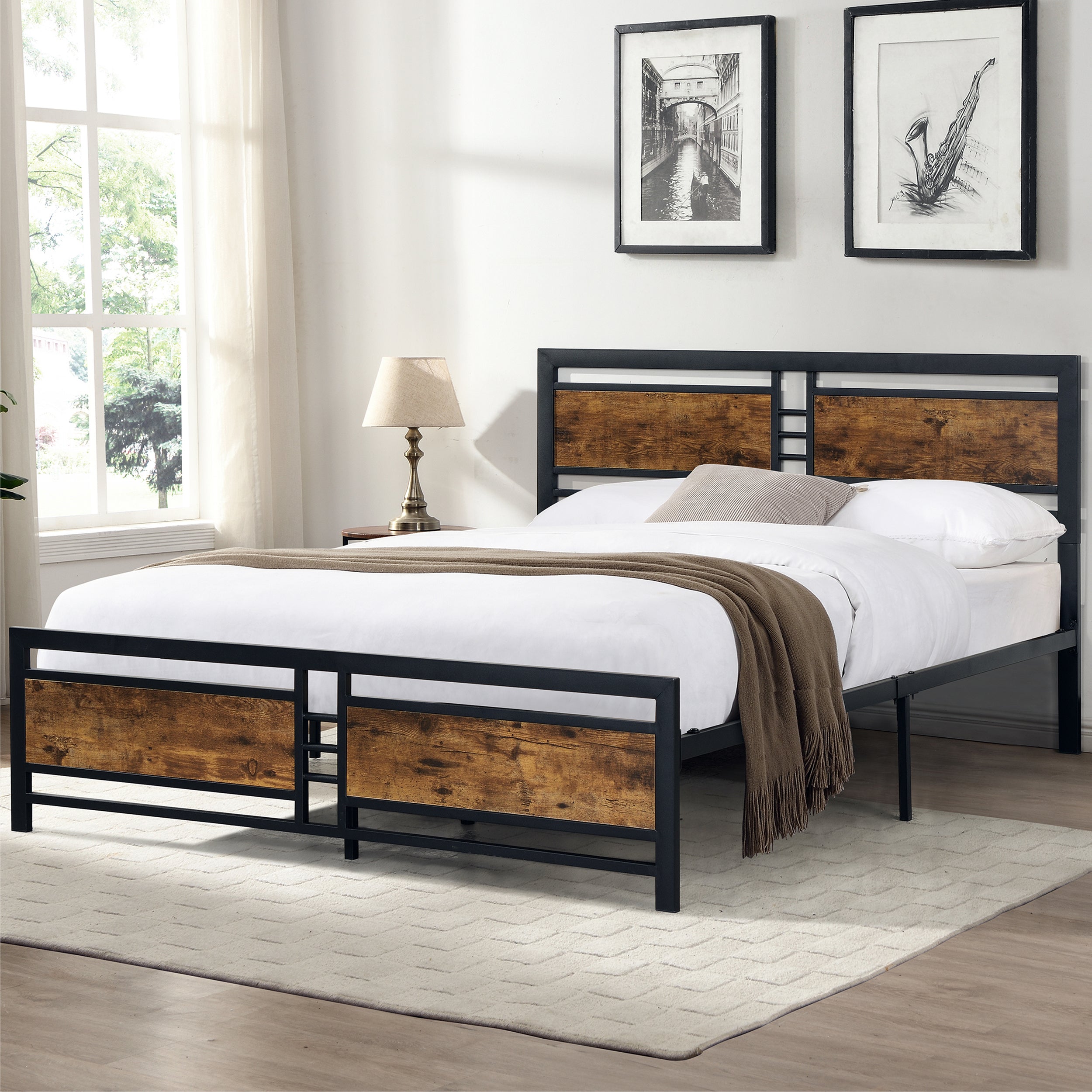SYNGAR Black Full Size Bed Frame with Wooden Industrial Headboard and ...