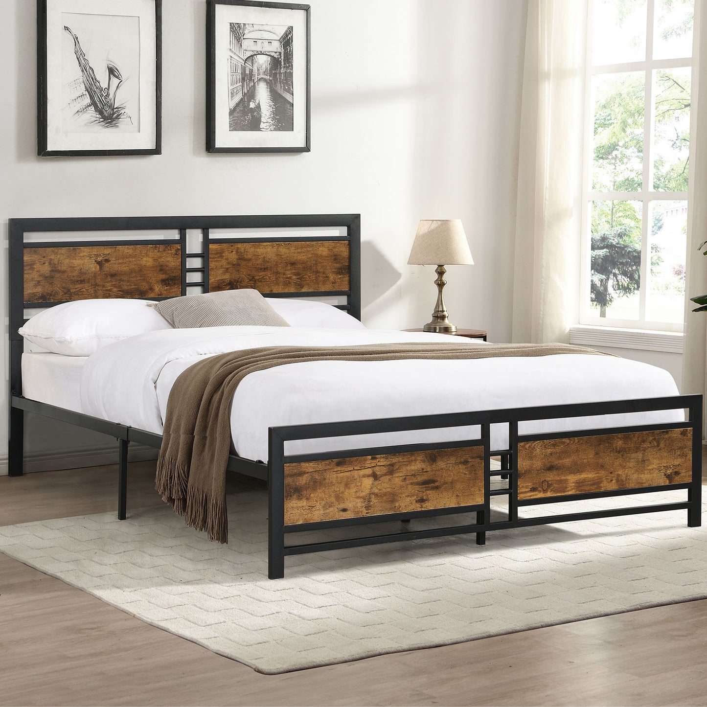 SYNGAR Black Full Size Bed Frame with Wooden Industrial Headboard and Footboard, Iron Platform Bed Frame Full Metal Bed Bedroom Furniture with 1100LBS Capacity, No Box Spring Needed, Noise Free