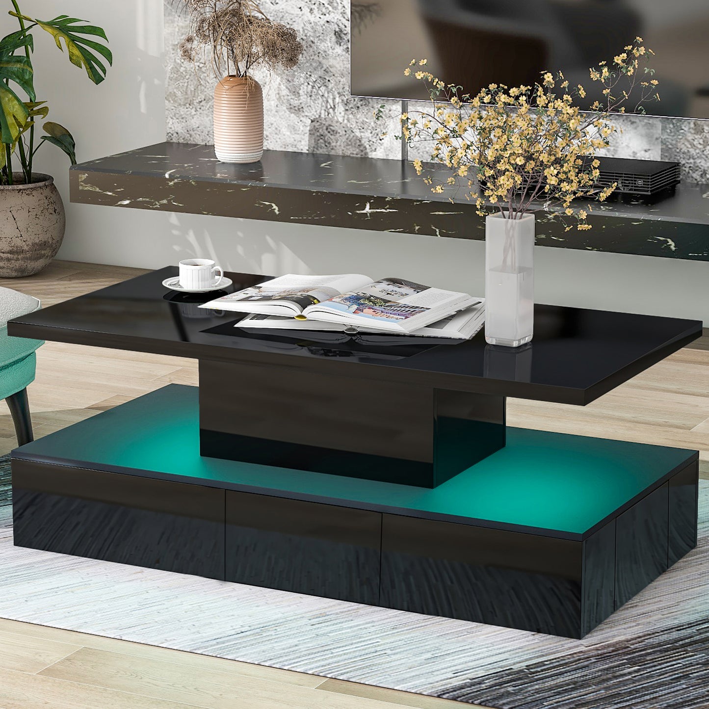 SYNGAR LED Coffee Table with 4 Storage Sliding Drawers and Open Shelves, Modern High Glossy Center Table Rectangular with Multiple Colors LED Lights for Living Room Bedroom, Easy Assembly, White