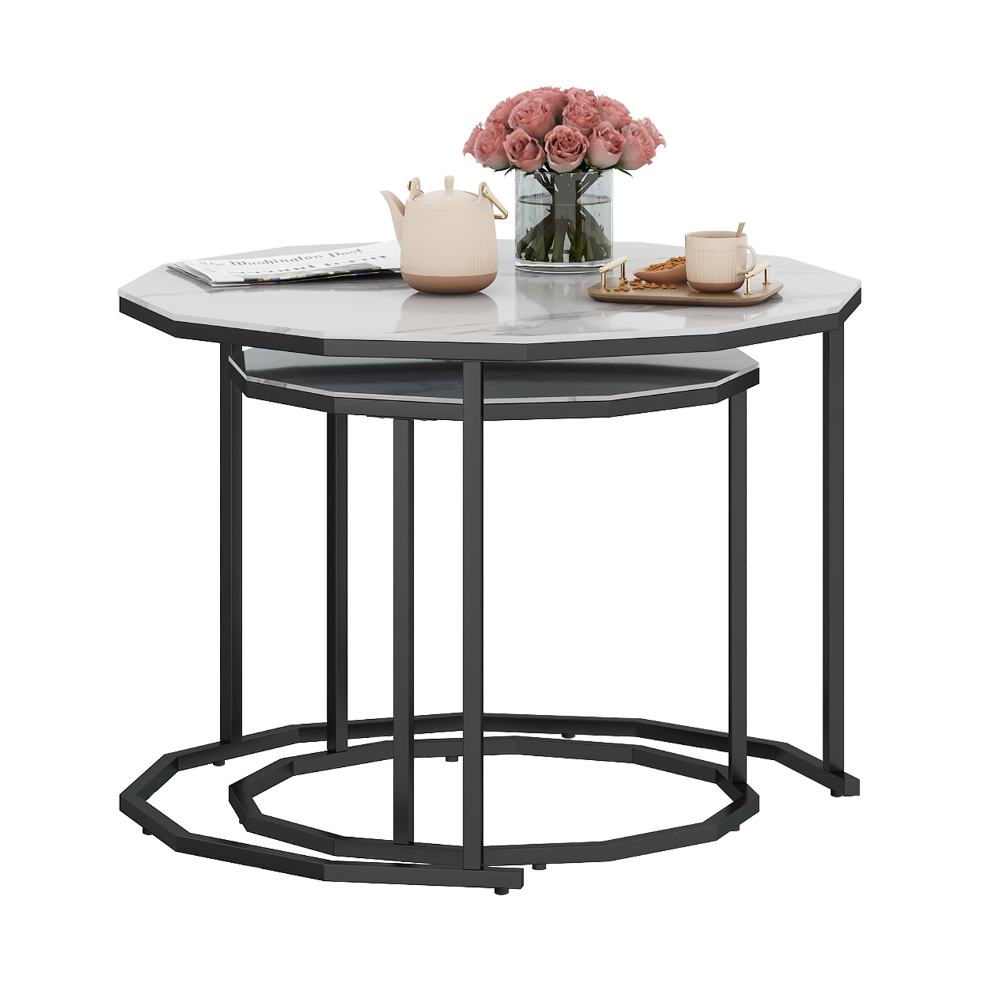 SYNGAR Modern Nesting Coffee Table Set of 2, 12-Gon Shape End Tables Stacking Living Room Accent Tables with Marble Top and Black Metal Frame, Golden Black