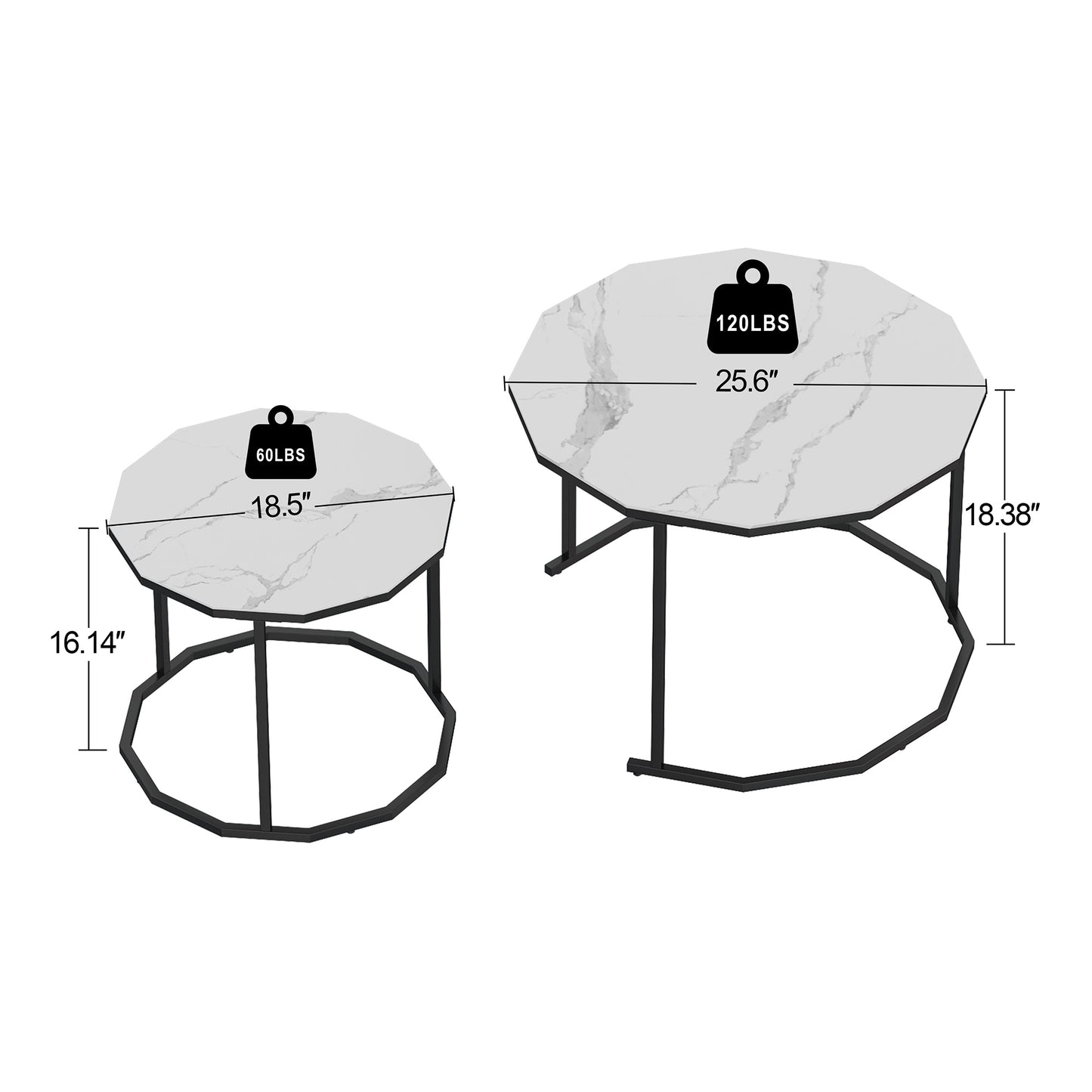 SYNGAR Modern Nesting Coffee Table Set of 2, 12-Gon Shape End Tables Stacking Living Room Accent Tables with Marble Top and Black Metal Frame, Golden Black