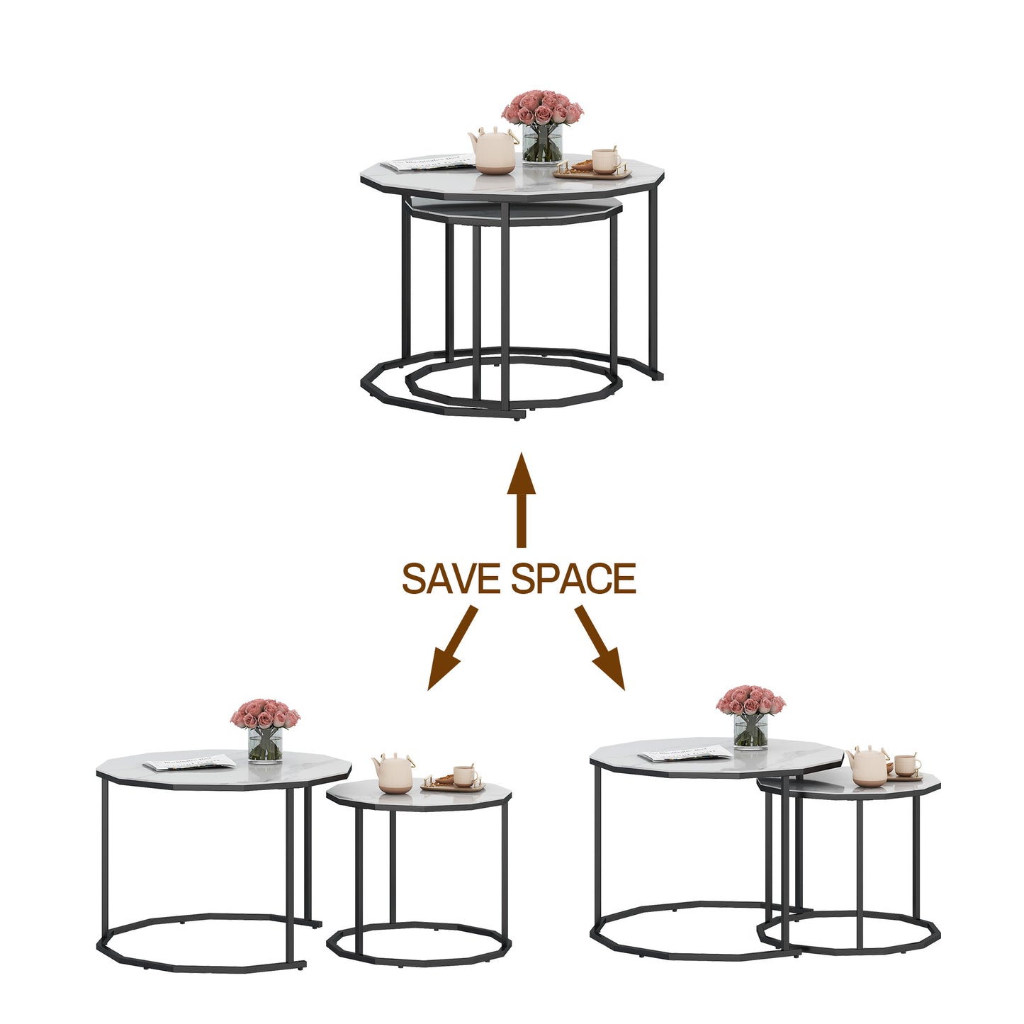 SYNGAR Modern Nesting Coffee Table Set of 2, 12-Gon Shape End Tables Stacking Living Room Accent Tables with Marble Top and Black Metal Frame, Golden Black