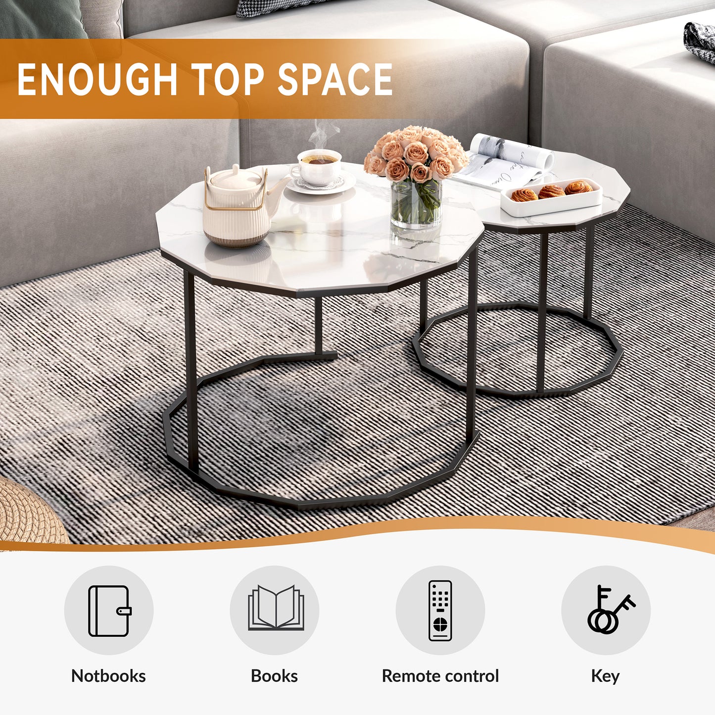 SYNGAR Modern Nesting Coffee Table Set of 2, 12-Gon Shape End Tables Stacking Living Room Accent Tables with Marble Top and Black Metal Frame, Golden Black
