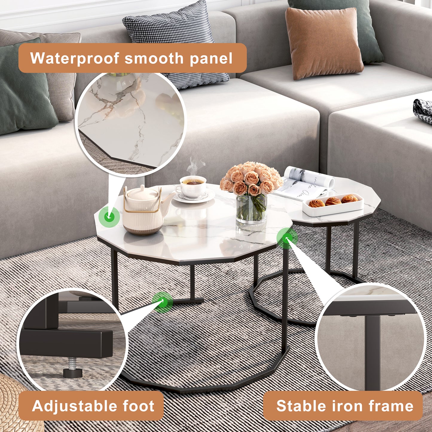 SYNGAR Modern Nesting Coffee Table Set of 2, 12-Gon Shape End Tables Stacking Living Room Accent Tables with Marble Top and Black Metal Frame, Golden Black