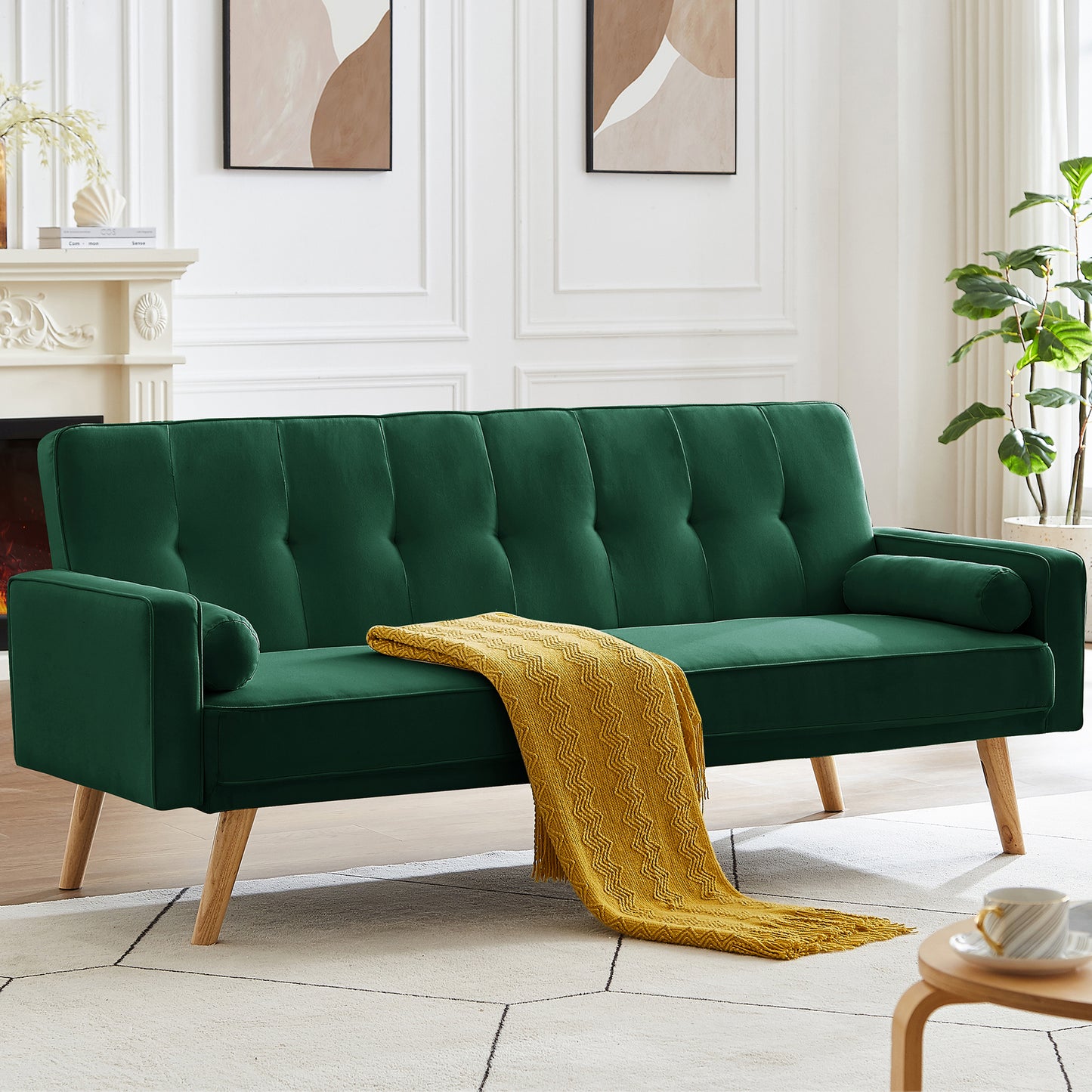 SYNGAR Couches for Living Room, Velvet Upholstered Convertible Sofa Bed with Armrests, Metal Legs, Adjustable Backrest, Mid Century Futon Sofa and Couch for Home Apartment Living Room, Pink