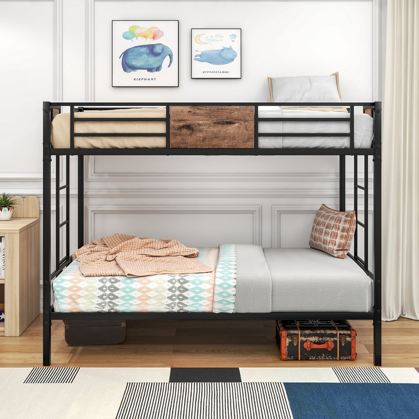 SYNGAR Twin Over Twin Steel Bunk Beds Frame with Ladder for Bedroom Dorm, Twin Bunk Beds for Kids Adult Children, Industrial Bunkbed No Box Spring Required, Black