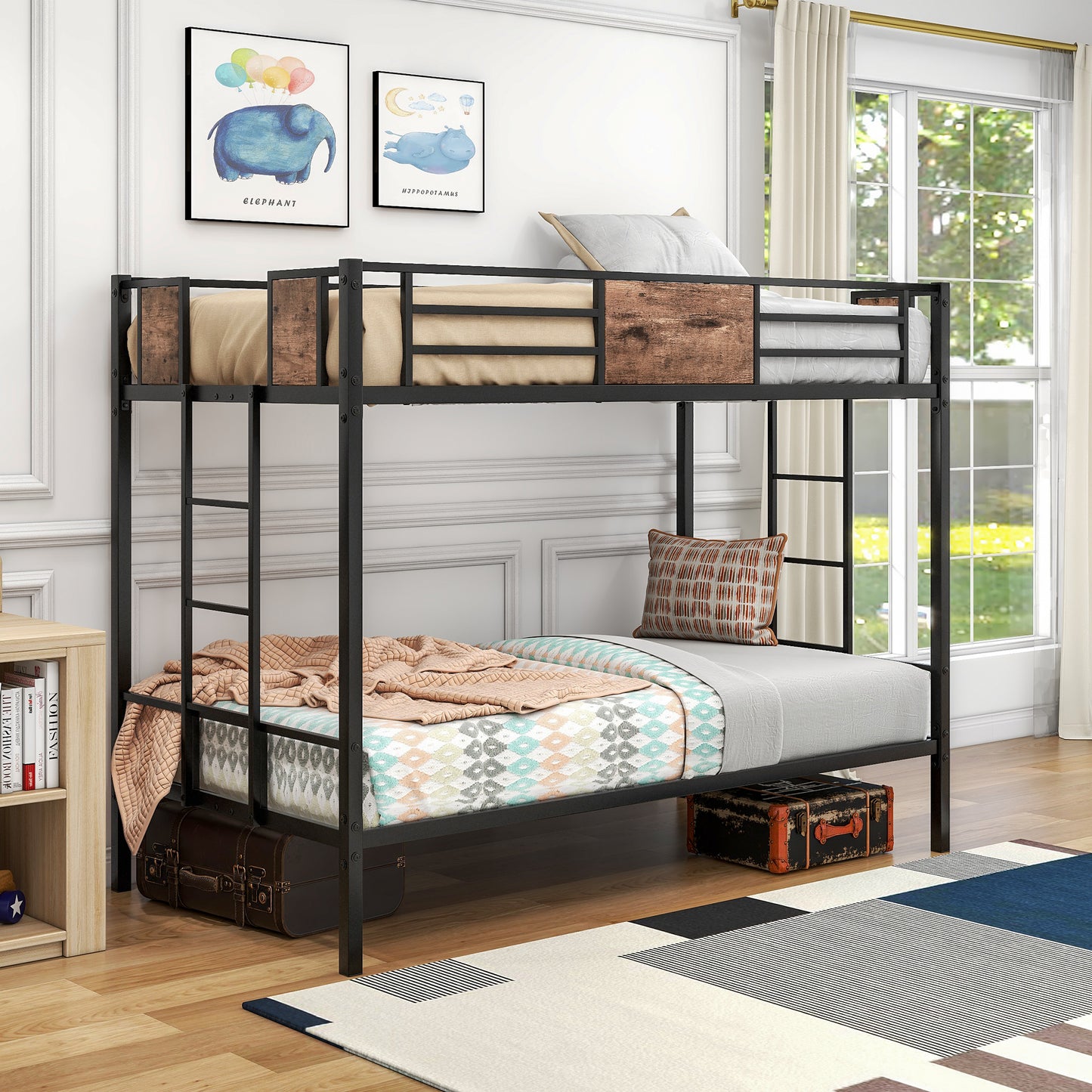 SYNGAR Twin Over Twin Steel Bunk Beds Frame with Ladder for Bedroom Dorm, Twin Bunk Beds for Kids Adult Children, Industrial Bunkbed No Box Spring Required, Black
