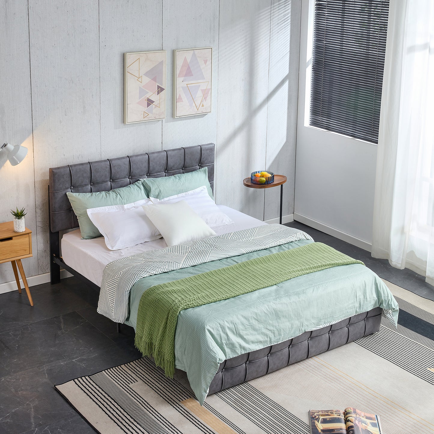 SYNGAR Upholstered King Size Fabric Platform Bed Frame with Button Tufted Headboard, Load-Bearing 650LBS, Gray