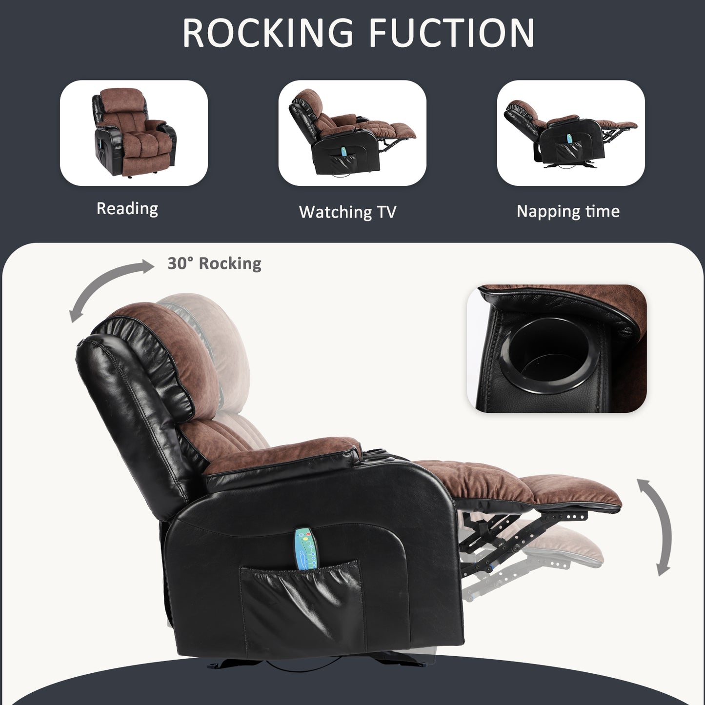 Recliner Chair for Living Room, Ergonomic Recliner Manual Recliner Chair with Cup Holders, USB, Heavy Duty Reclining Mechanism Elderly Single Recliner Rocker Sofa for Bedroom Home Theater, Brown