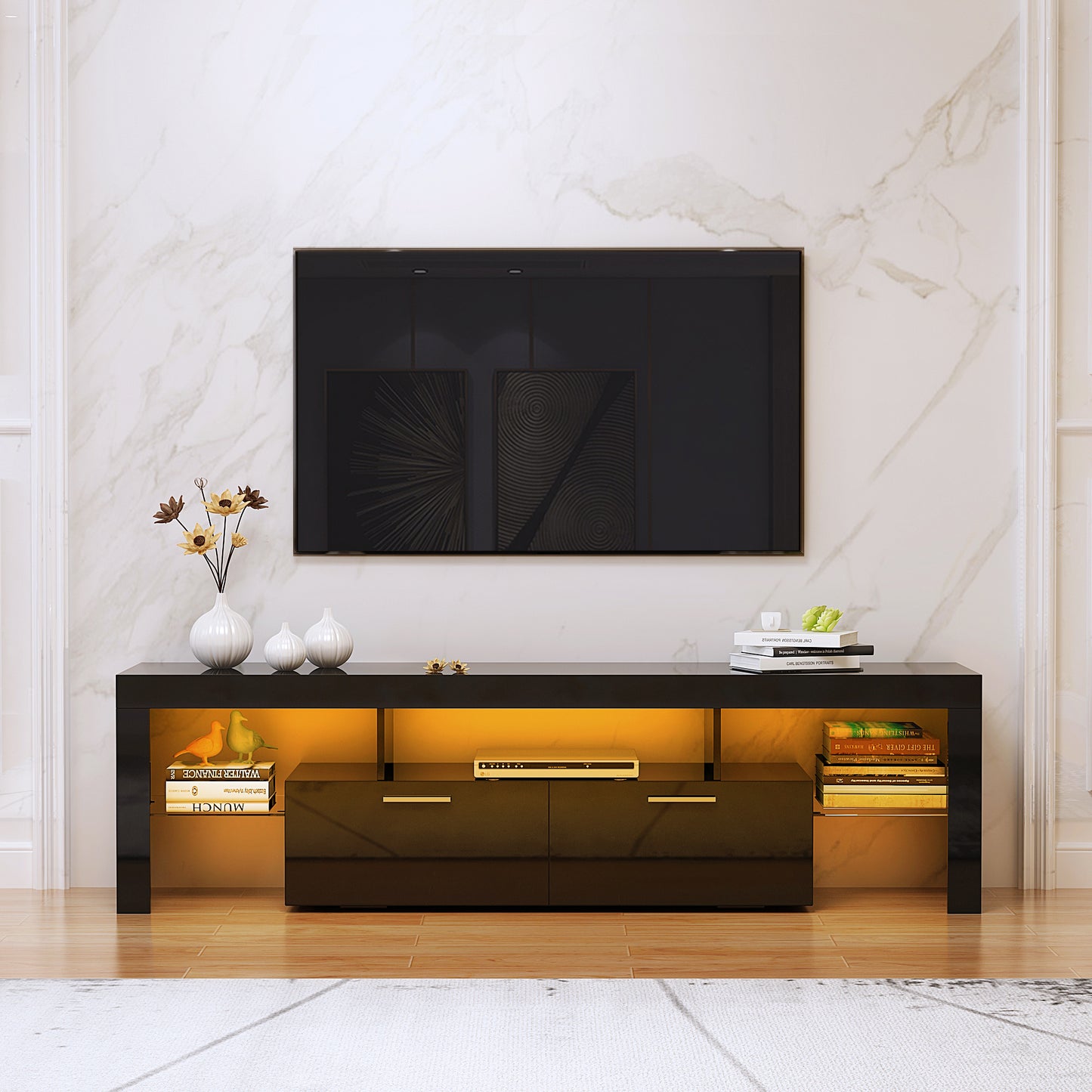 SYNGAR White TV Stand for Living Room up to 80" TV, Modern TV Console Table Buffet Cabinet with Storage, High Glossy TV Cabinet with 16-Color LED Lights, Entertainment Center, 71"L×16" W×20"H
