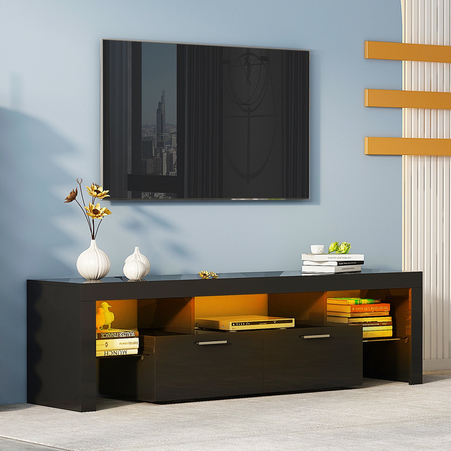 SYNGAR White TV Stand for Living Room up to 80" TV, Modern TV Console Table Buffet Cabinet with Storage, High Glossy TV Cabinet with 16-Color LED Lights, Entertainment Center, 71"L×16" W×20"H