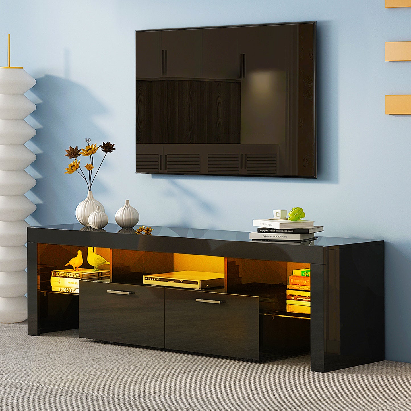 SYNGAR White TV Stand for Living Room up to 80" TV, Modern TV Console Table Buffet Cabinet with Storage, High Glossy TV Cabinet with 16-Color LED Lights, Entertainment Center, 71"L×16" W×20"H