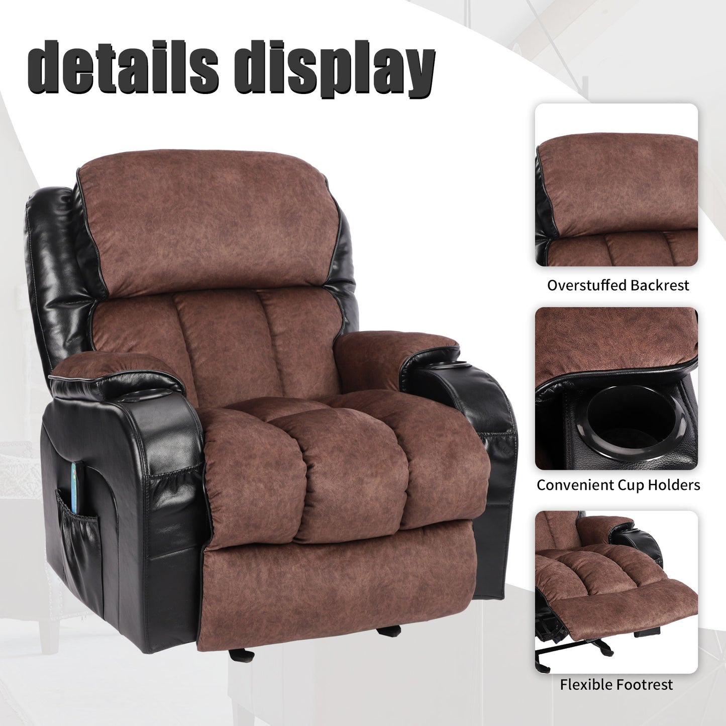 Recliner Chair for Living Room, Ergonomic Recliner Manual Recliner Chair with Cup Holders, USB, Heavy Duty Reclining Mechanism Elderly Single Recliner Rocker Sofa for Bedroom Home Theater, Brown