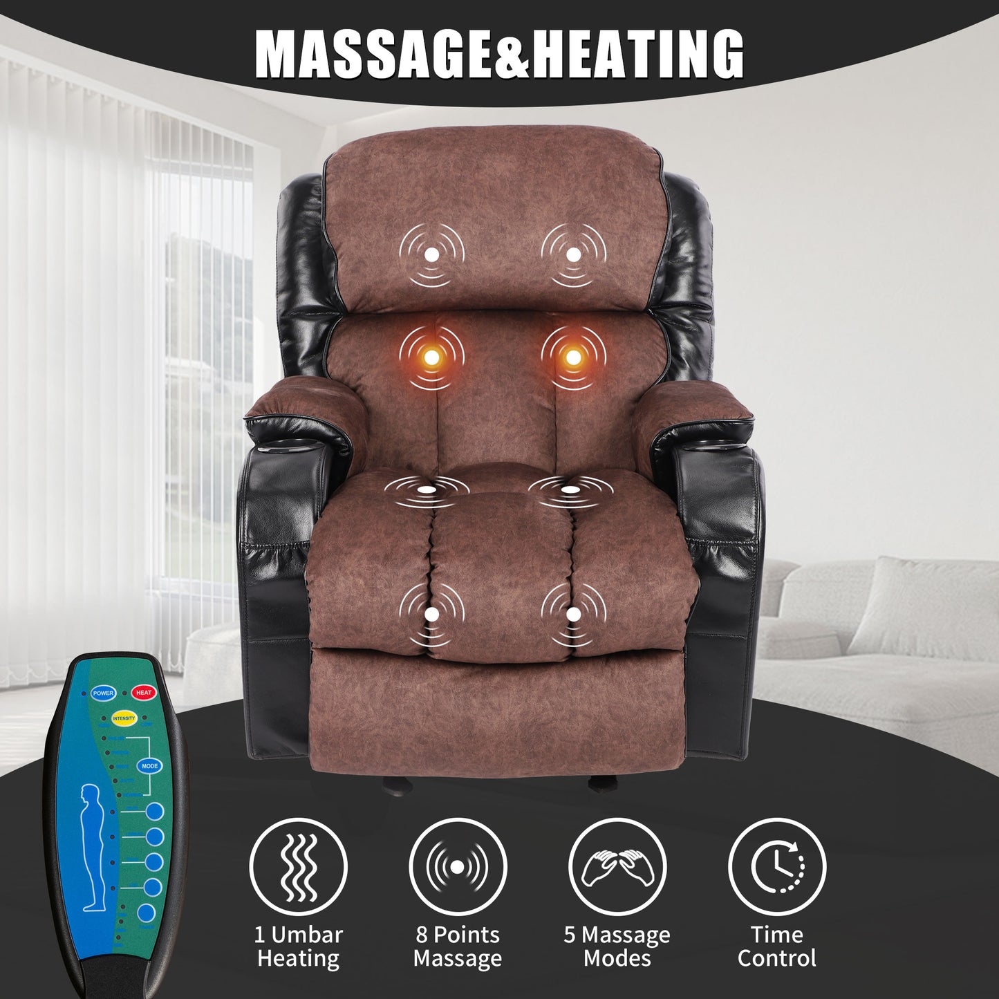 Recliner Chair for Living Room, Ergonomic Recliner Manual Recliner Chair with Cup Holders, USB, Heavy Duty Reclining Mechanism Elderly Single Recliner Rocker Sofa for Bedroom Home Theater, Brown