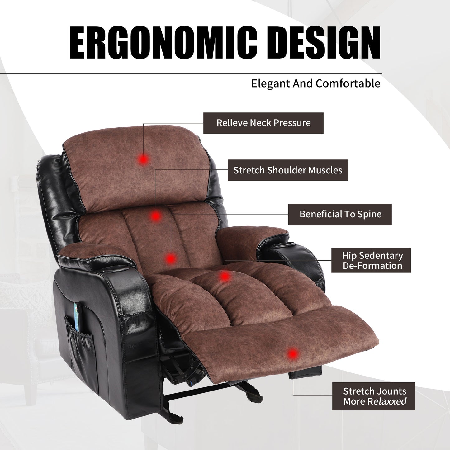 Recliner Chair for Living Room, Ergonomic Recliner Manual Recliner Chair with Cup Holders, USB, Heavy Duty Reclining Mechanism Elderly Single Recliner Rocker Sofa for Bedroom Home Theater, Brown