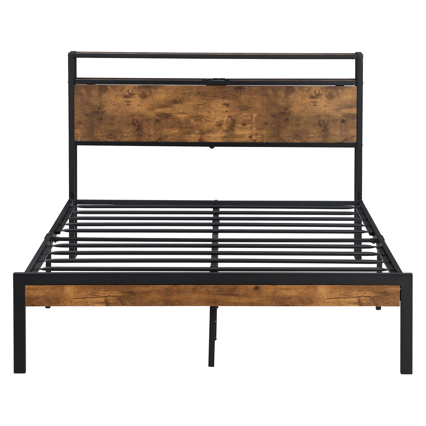 SYNGAR Platform Bed Frame Full Size with Wooden Storage Headboard and USB Ports, Industrial Metal Full Bed Frame with Slat Support, Noise Free, No Box Spring Needed, Rustic Brown