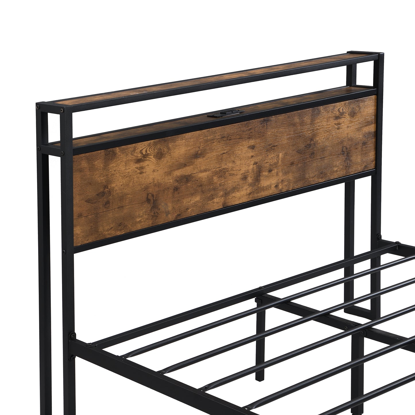 SYNGAR Platform Bed Frame Full Size with Wooden Storage Headboard and USB Ports, Industrial Metal Full Bed Frame with Slat Support, Noise Free, No Box Spring Needed, Rustic Brown