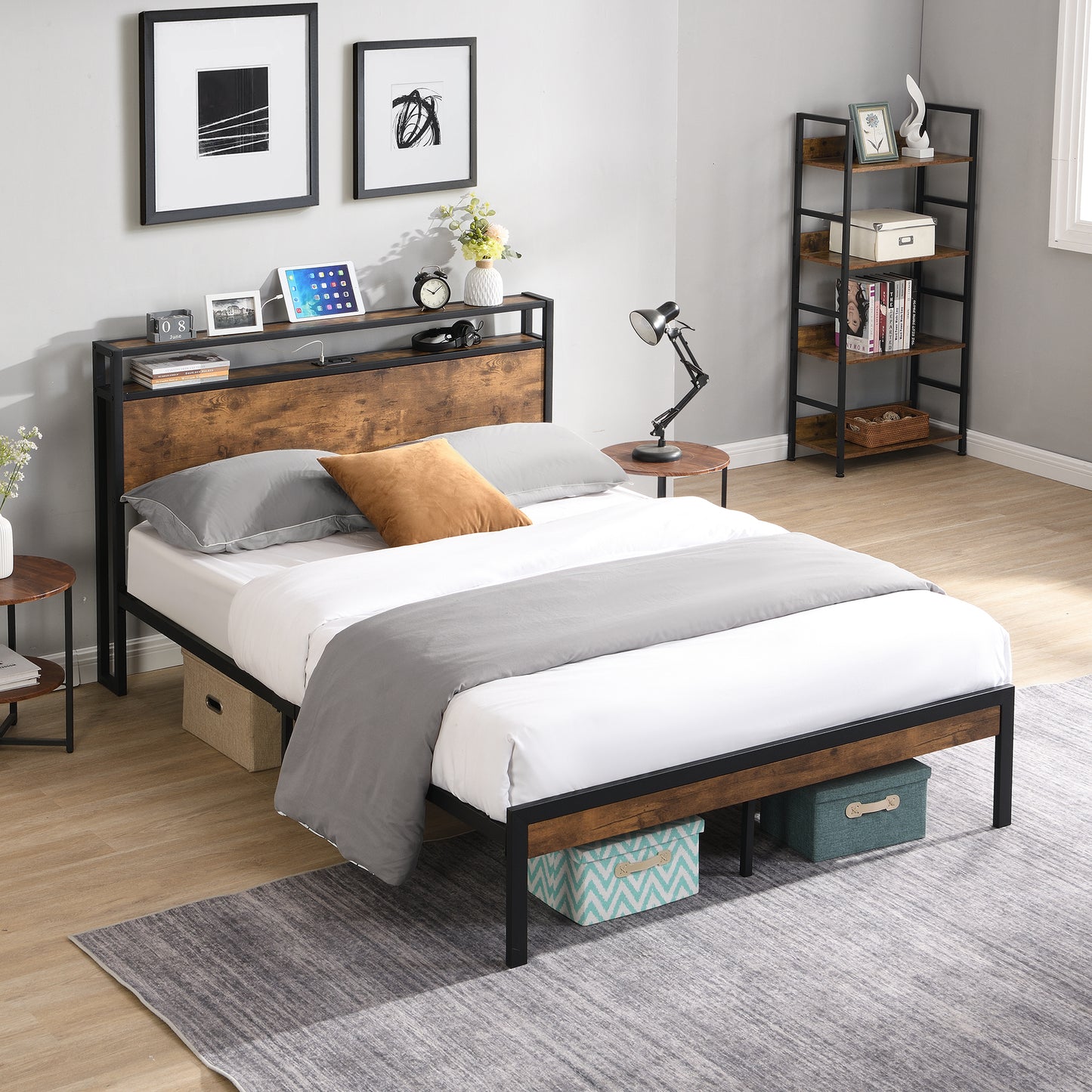 SYNGAR Platform Bed Frame Full Size with Wooden Storage Headboard and USB Ports, Industrial Metal Full Bed Frame with Slat Support, Noise Free, No Box Spring Needed, Rustic Brown