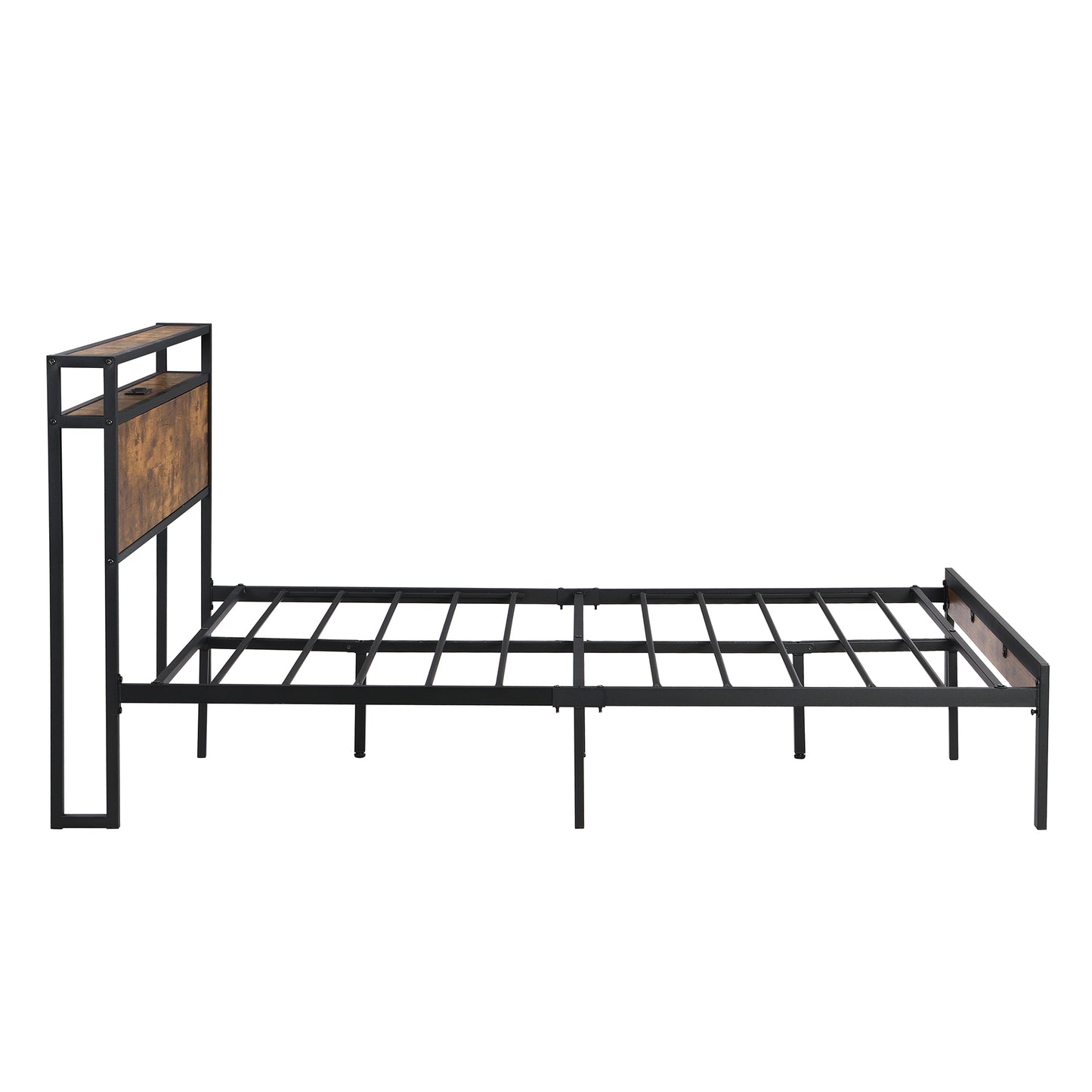 SYNGAR Platform Bed Frame Full Size with Wooden Storage Headboard and USB Ports, Industrial Metal Full Bed Frame with Slat Support, Noise Free, No Box Spring Needed, Rustic Brown