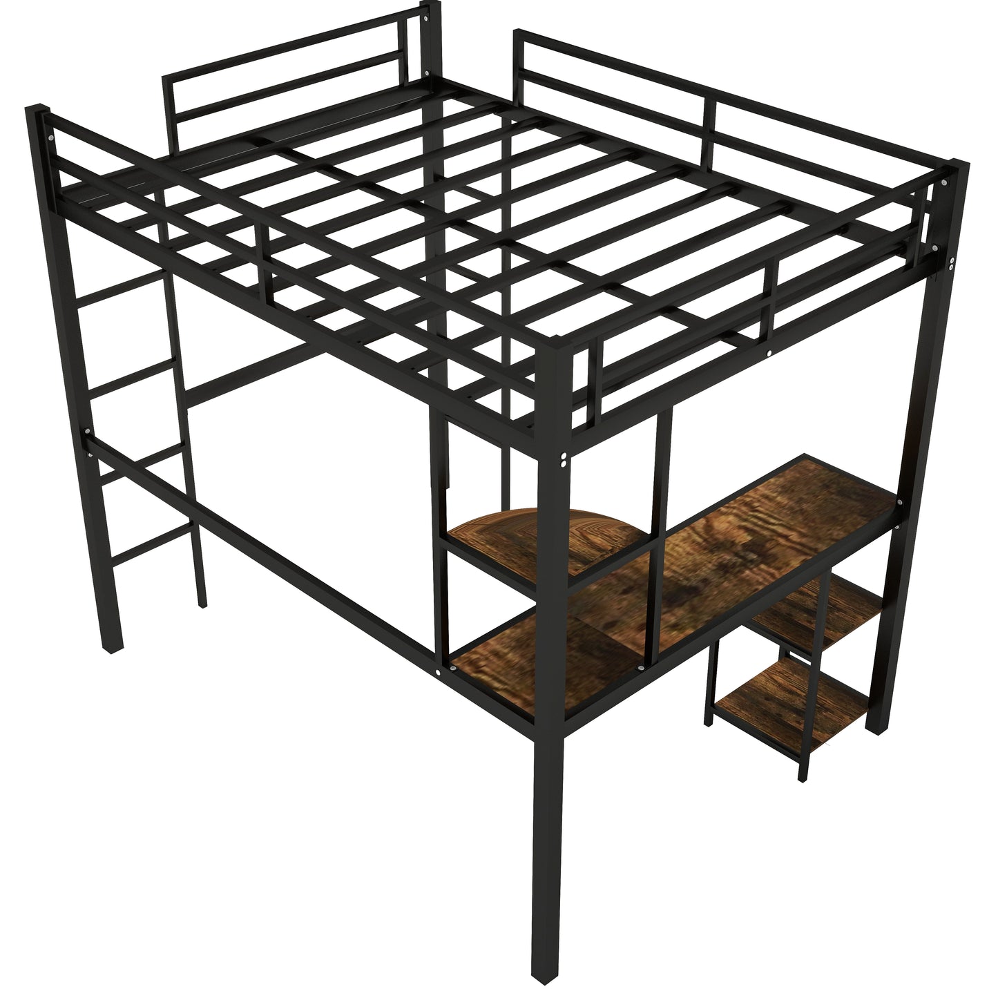 SYNGAR Full Loft Bed, New Upgraded Metal Bunk Bed with Long Desk & Shelves, Full Size Bed Frame No Box Spring Needed, Loft Bed with 2 Vertical Ladders, Full Bunk Bed Kids Bedroom Furniture, Black