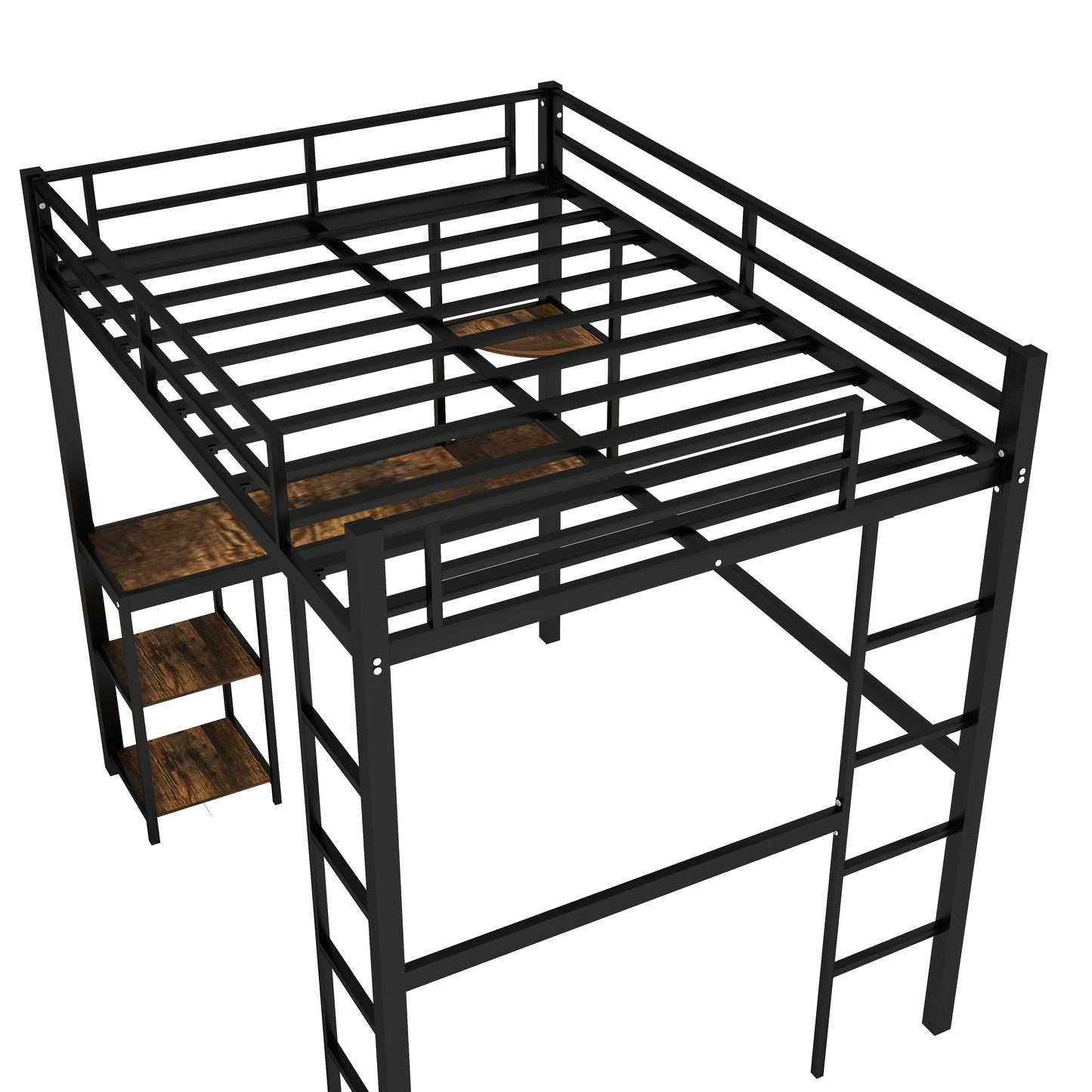 SYNGAR Full Loft Bed, New Upgraded Metal Bunk Bed with Long Desk & Shelves, Full Size Bed Frame No Box Spring Needed, Loft Bed with 2 Vertical Ladders, Full Bunk Bed Kids Bedroom Furniture, Black