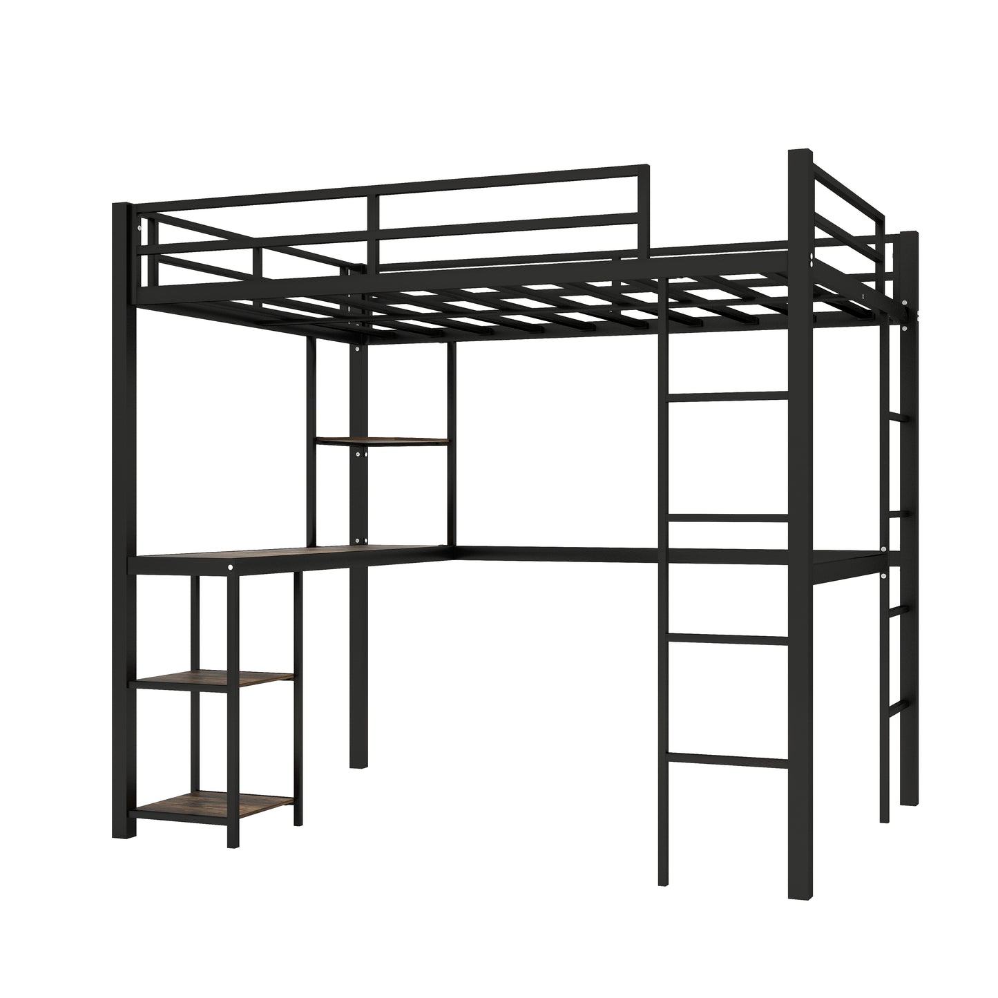SYNGAR Full Loft Bed, New Upgraded Metal Bunk Bed with Long Desk & Shelves, Full Size Bed Frame No Box Spring Needed, Loft Bed with 2 Vertical Ladders, Full Bunk Bed Kids Bedroom Furniture, Black
