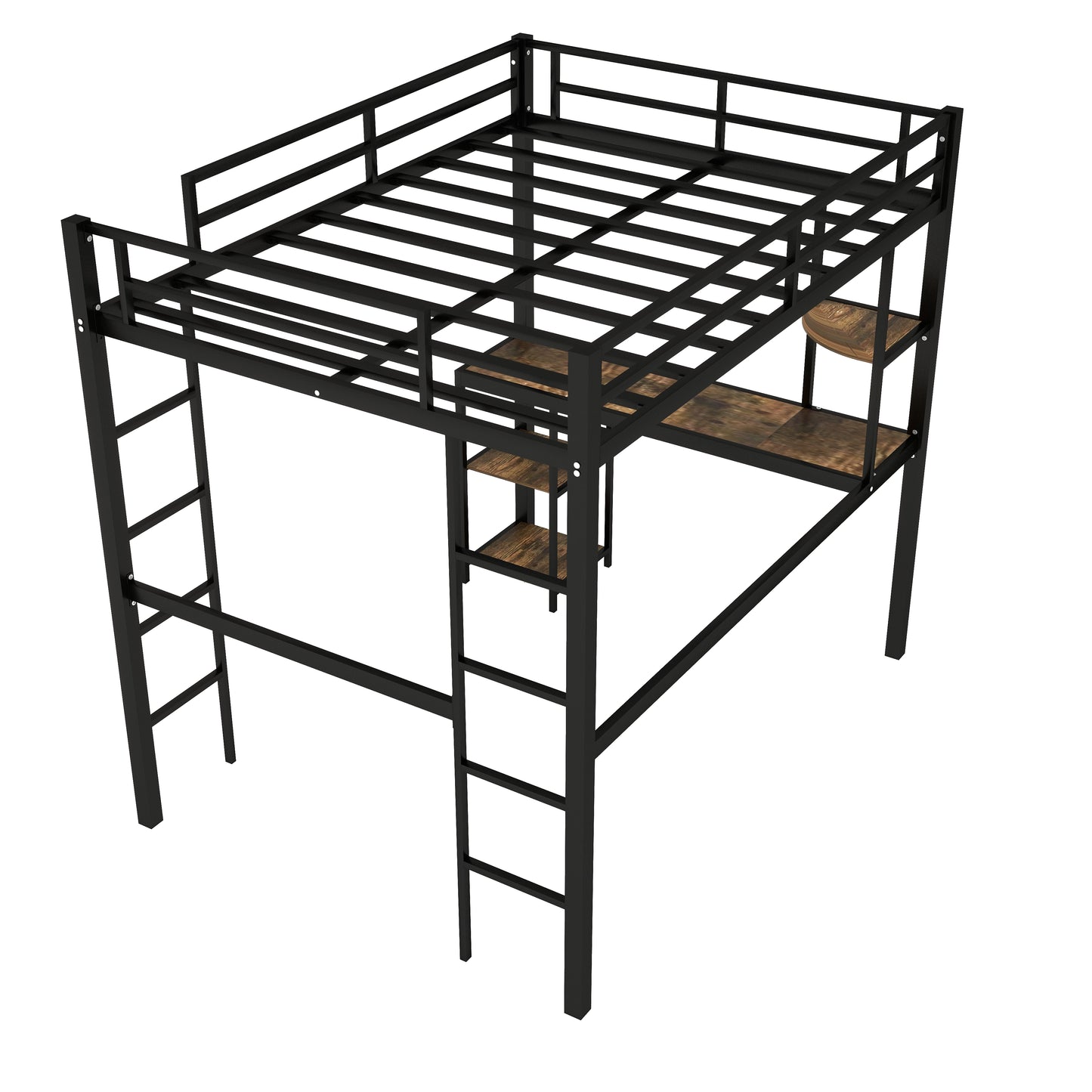 SYNGAR Full Loft Bed, New Upgraded Metal Bunk Bed with Long Desk & Shelves, Full Size Bed Frame No Box Spring Needed, Loft Bed with 2 Vertical Ladders, Full Bunk Bed Kids Bedroom Furniture, Black