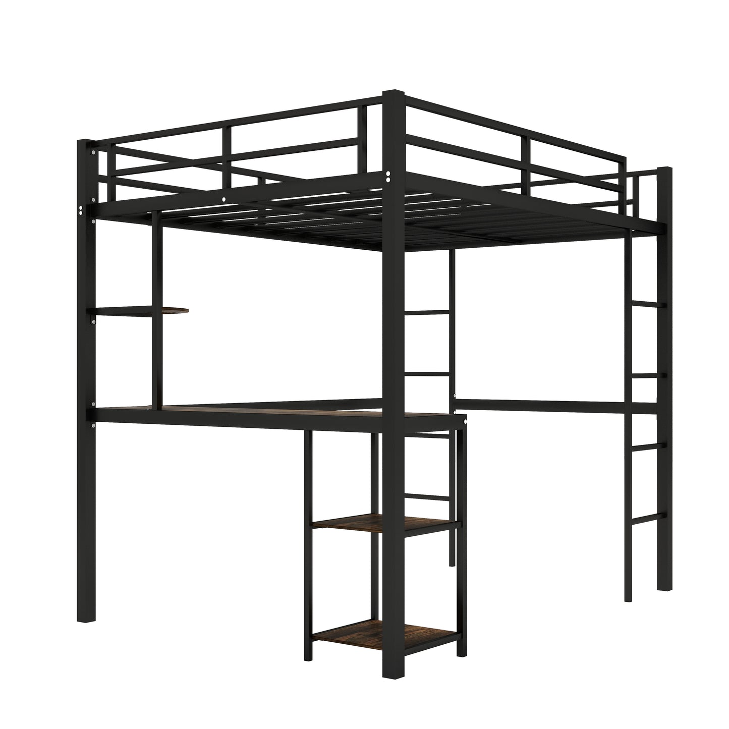 SYNGAR Full Loft Bed, New Upgraded Metal Bunk Bed with Long Desk & Shelves, Full Size Bed Frame No Box Spring Needed, Loft Bed with 2 Vertical Ladders, Full Bunk Bed Kids Bedroom Furniture, Black