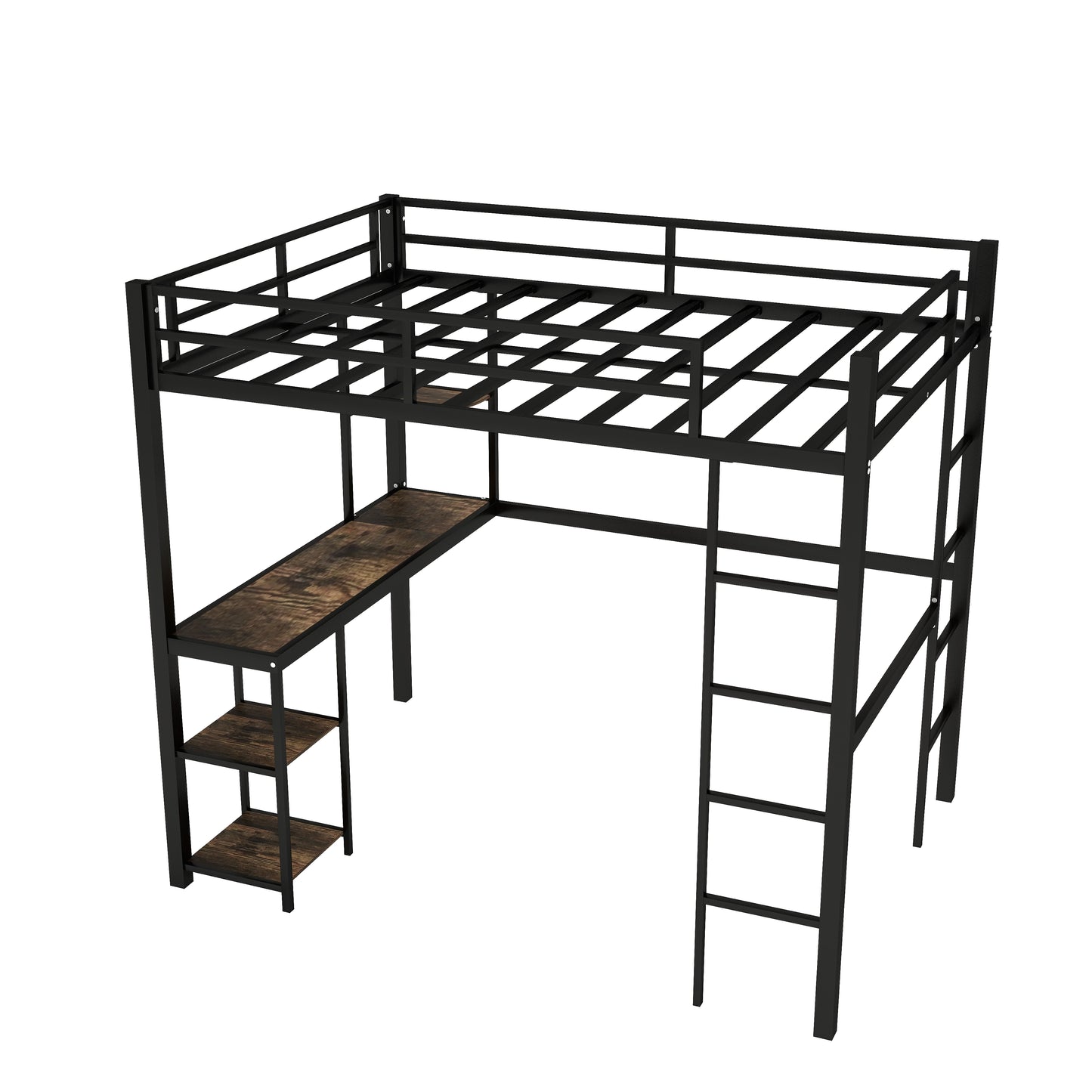 SYNGAR Full Loft Bed, New Upgraded Metal Bunk Bed with Long Desk & Shelves, Full Size Bed Frame No Box Spring Needed, Loft Bed with 2 Vertical Ladders, Full Bunk Bed Kids Bedroom Furniture, Black